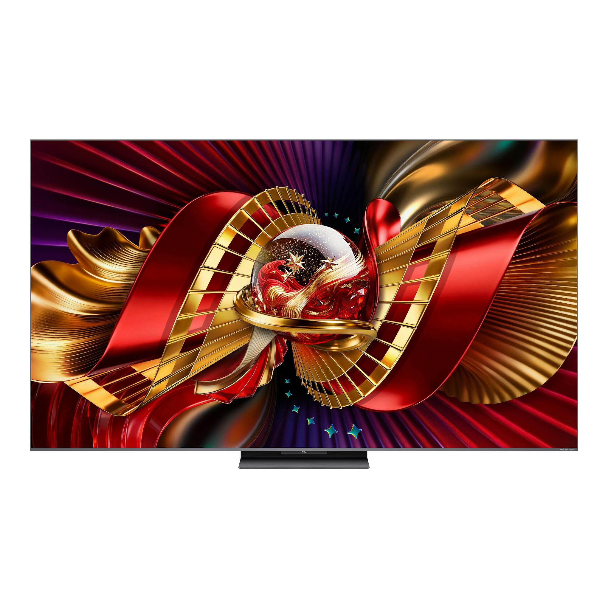 Televisor TCL 65C8L de frente, pantalla con gráfico abstracto rojo y dorado, sobre base negra.