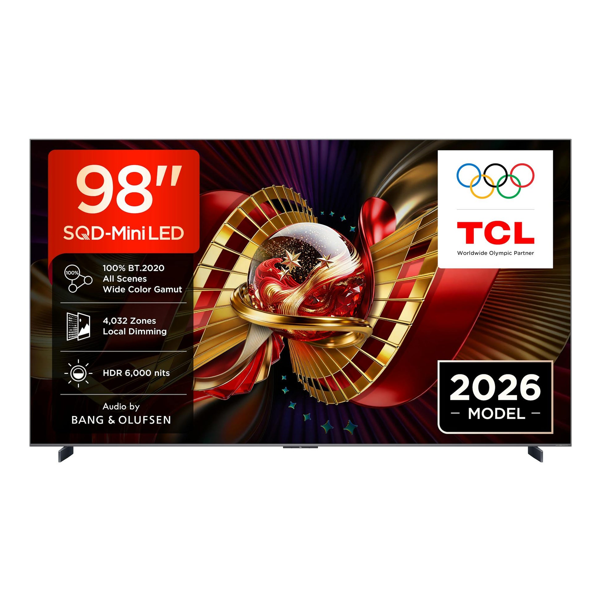 Televisor TCL 98C8L frontal, 98", SQD-Mini LED, con base y gráficos promocionales.