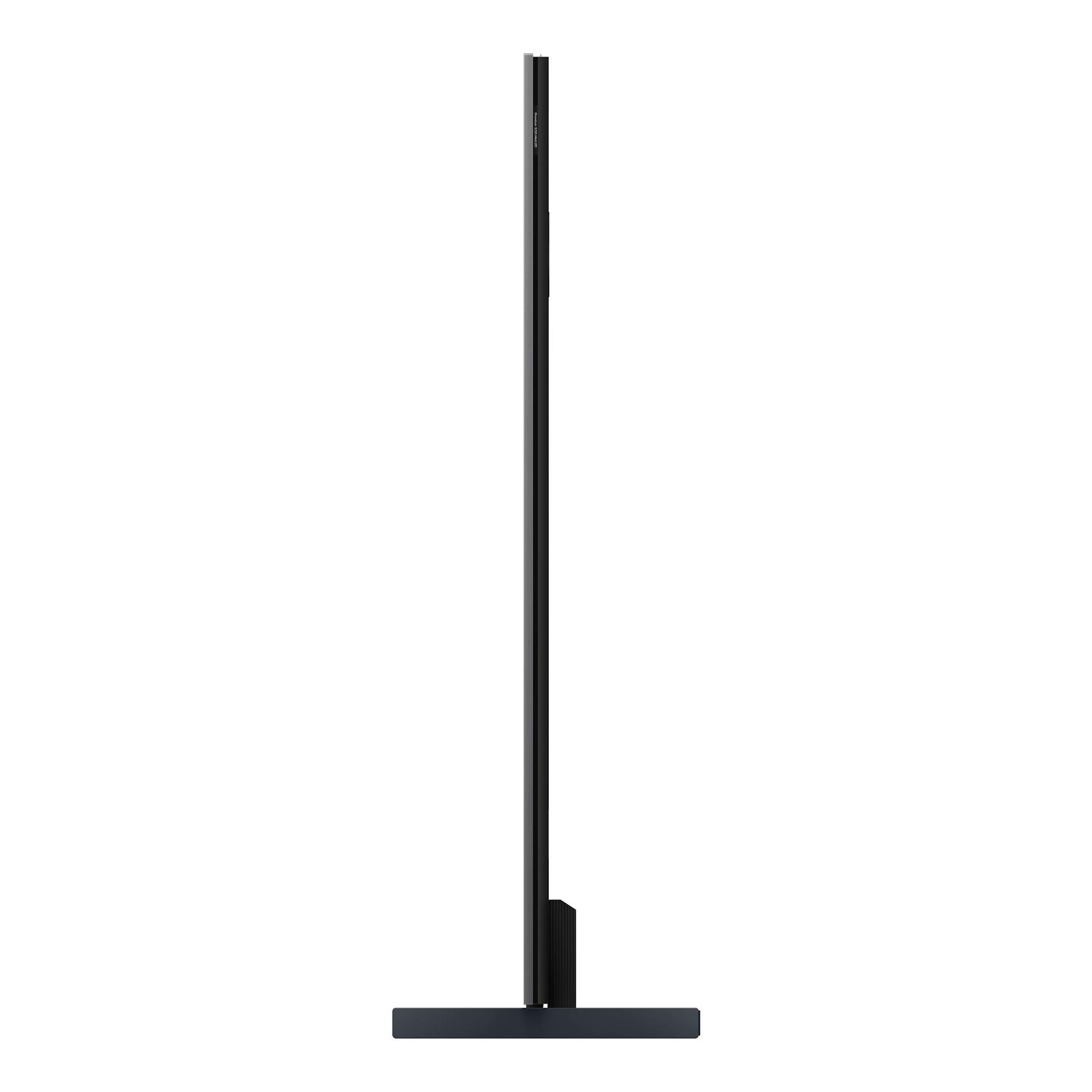 Televisor TCL 98C8L negro, vista lateral de perfil delgado sobre base rectangular.