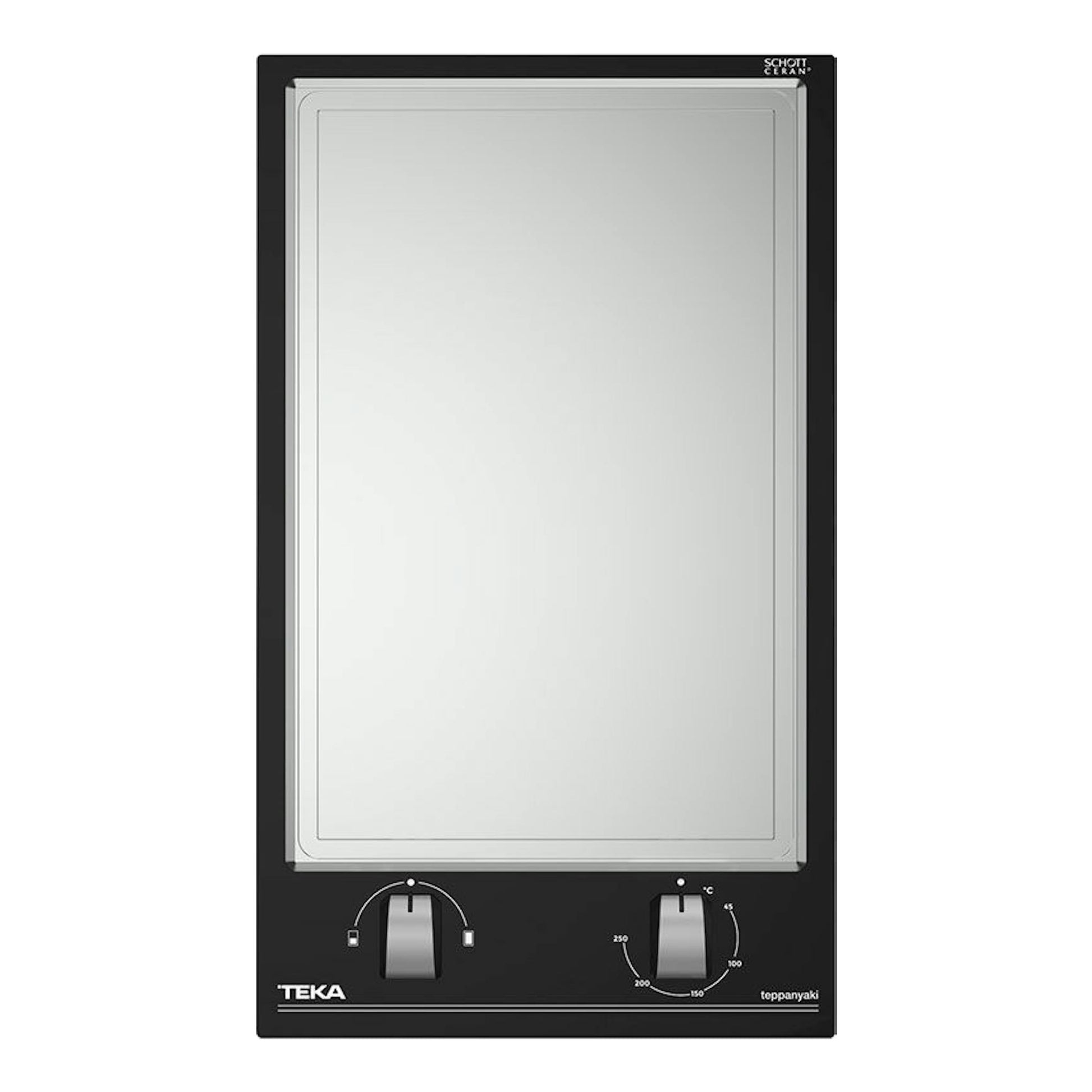 Placa teppan yaki Teka YZC32600XFL BK, vista frontal, superficie de acero inoxidable y base negra.