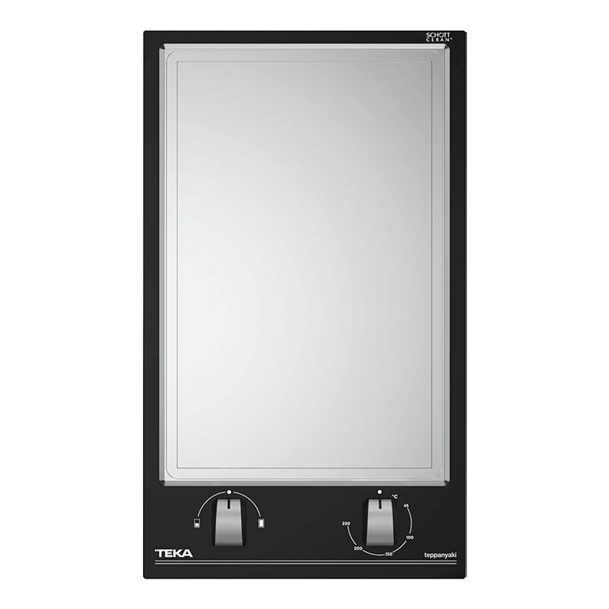 Placa teppan yaki Teka YZC32600XFL BK, vista frontal, superficie de acero inoxidable y base negra.