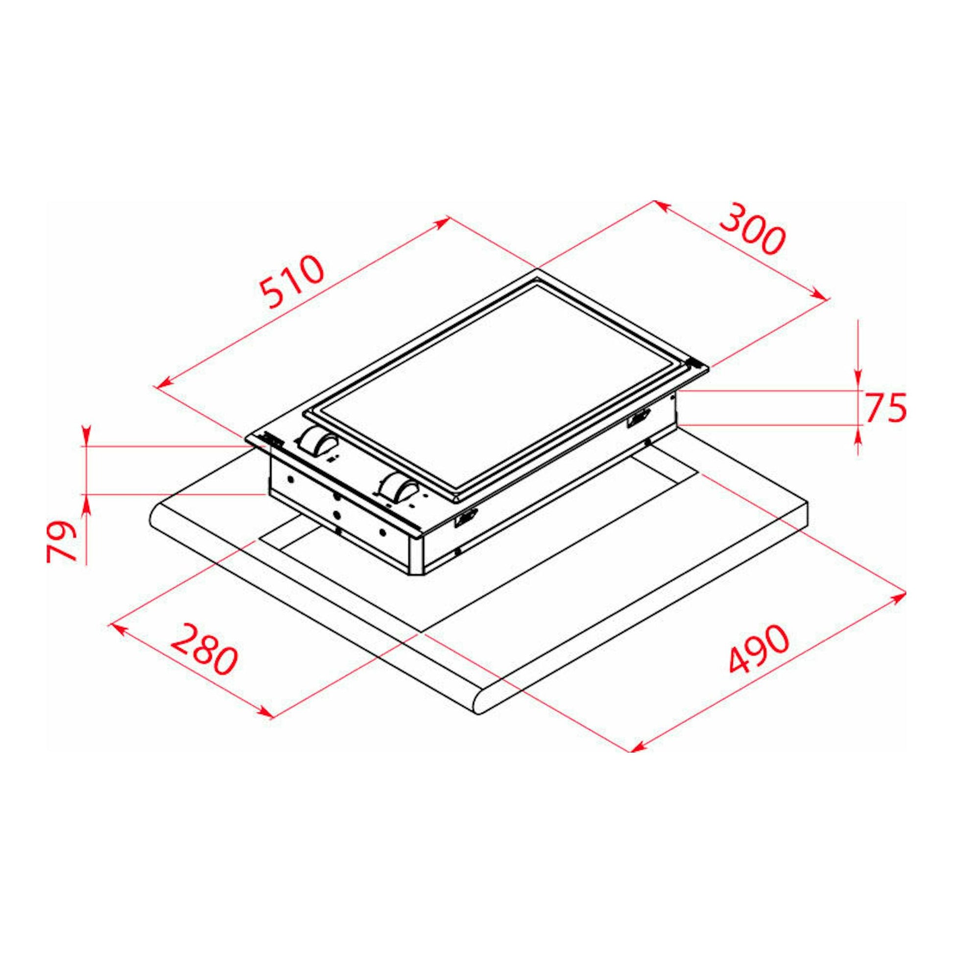 Dibujo técnico isométrico de la Teppan Yaki Teka YZC32600XFL BK, con medidas en rojo y base negra.