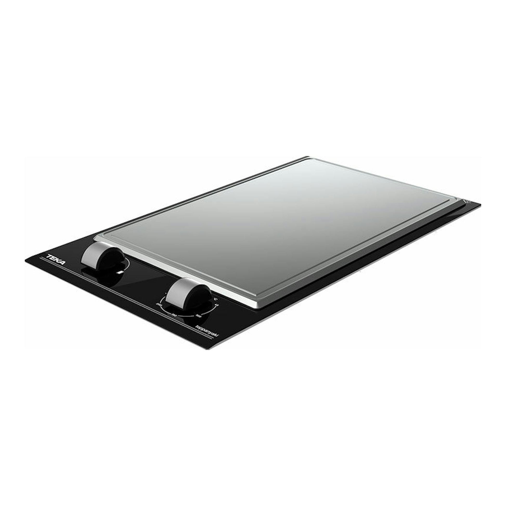 Teka YZC32600XFL BK, plancha Teppan Yaki negra y plateada, vista en ángulo con dos mandos