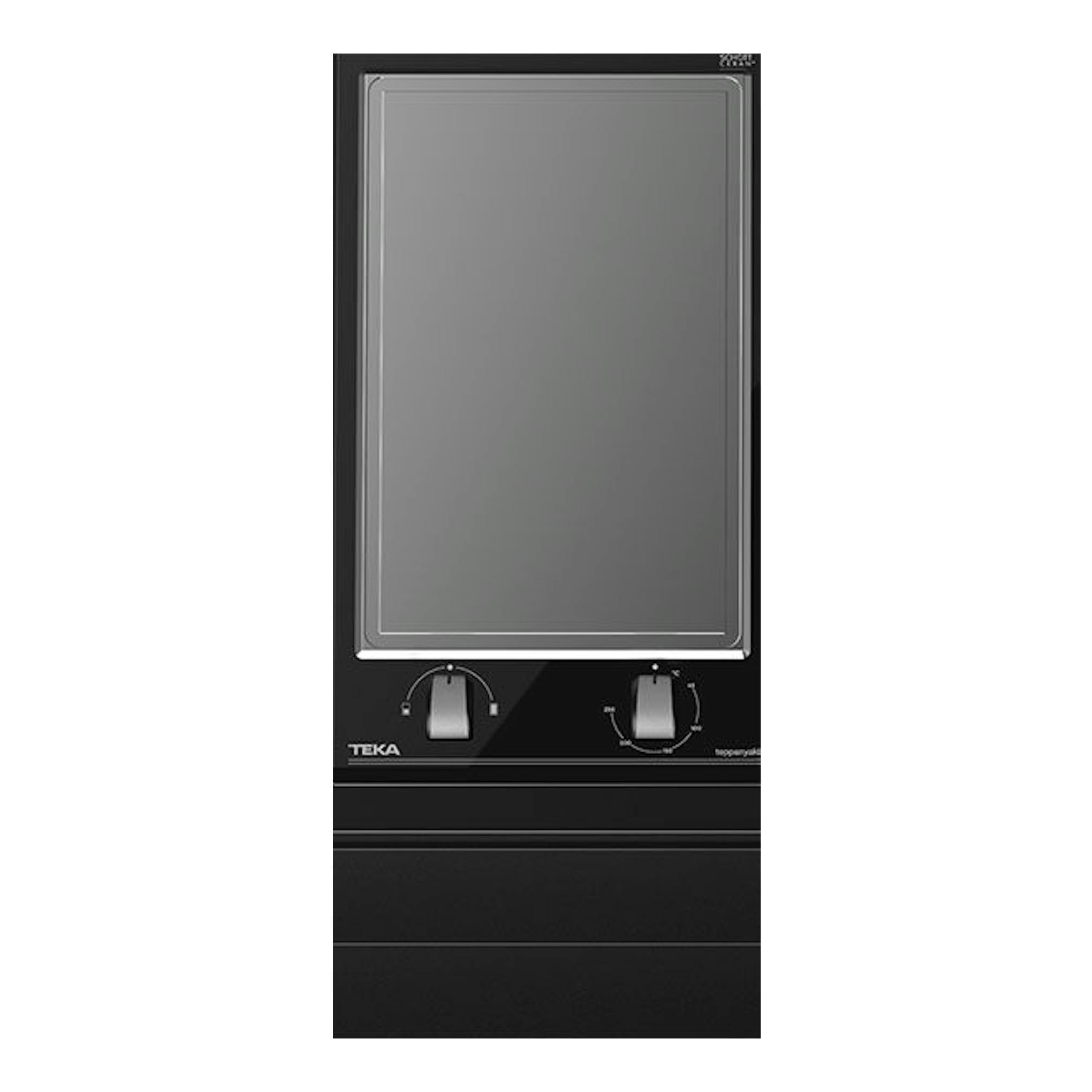 Teppan Yaki Teka YZC32600XFL BK, vista frontal, placa de acero inoxidable sobre base negra.