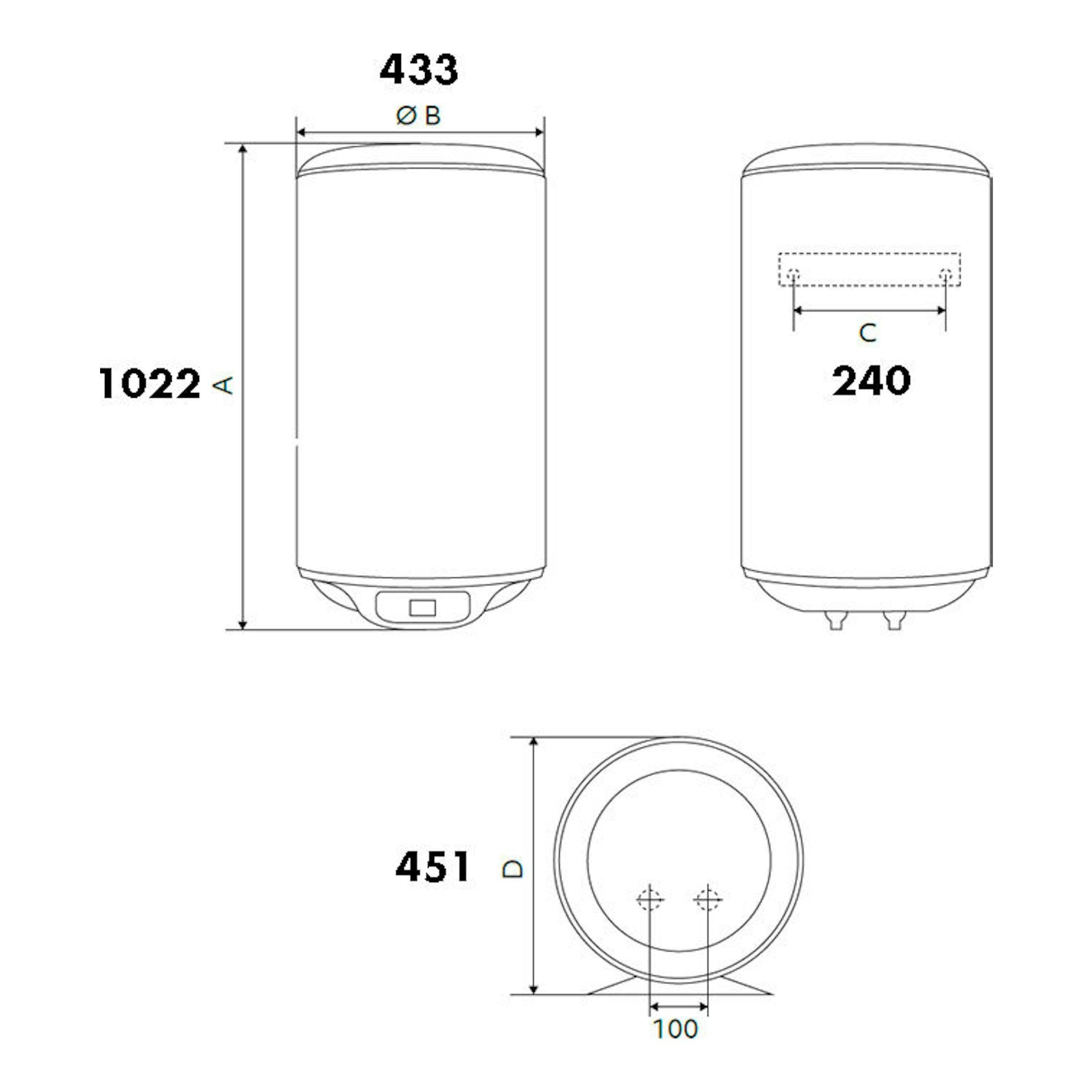 Termo eléctrico Edesa Digital 2022 100L, dibujo técnico en blanco con vistas frontal, lateral y superior y medidas.