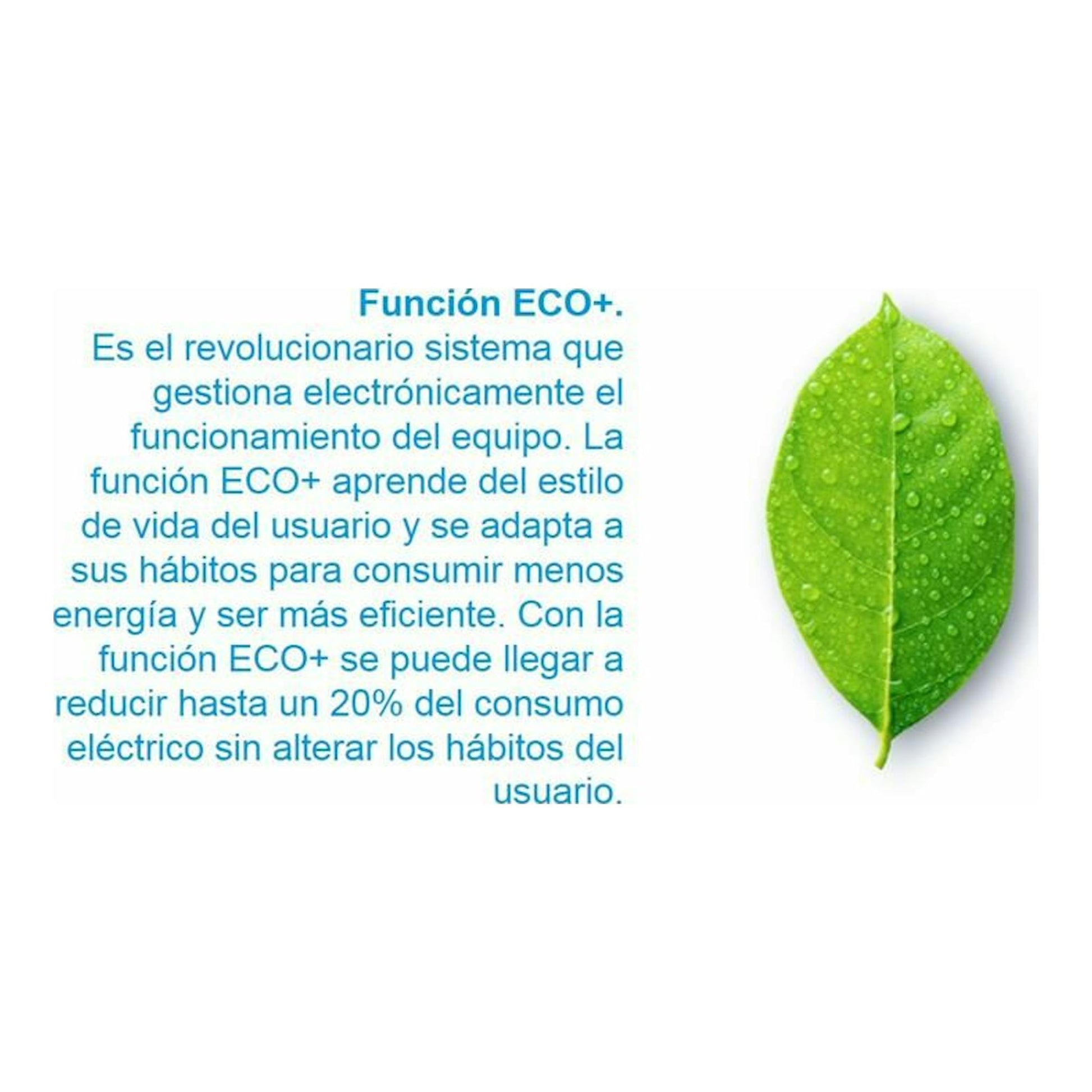 Gráfico informativo de ECO+ con una hoja verde sobre fondo blanco y texto descriptivo en azul.