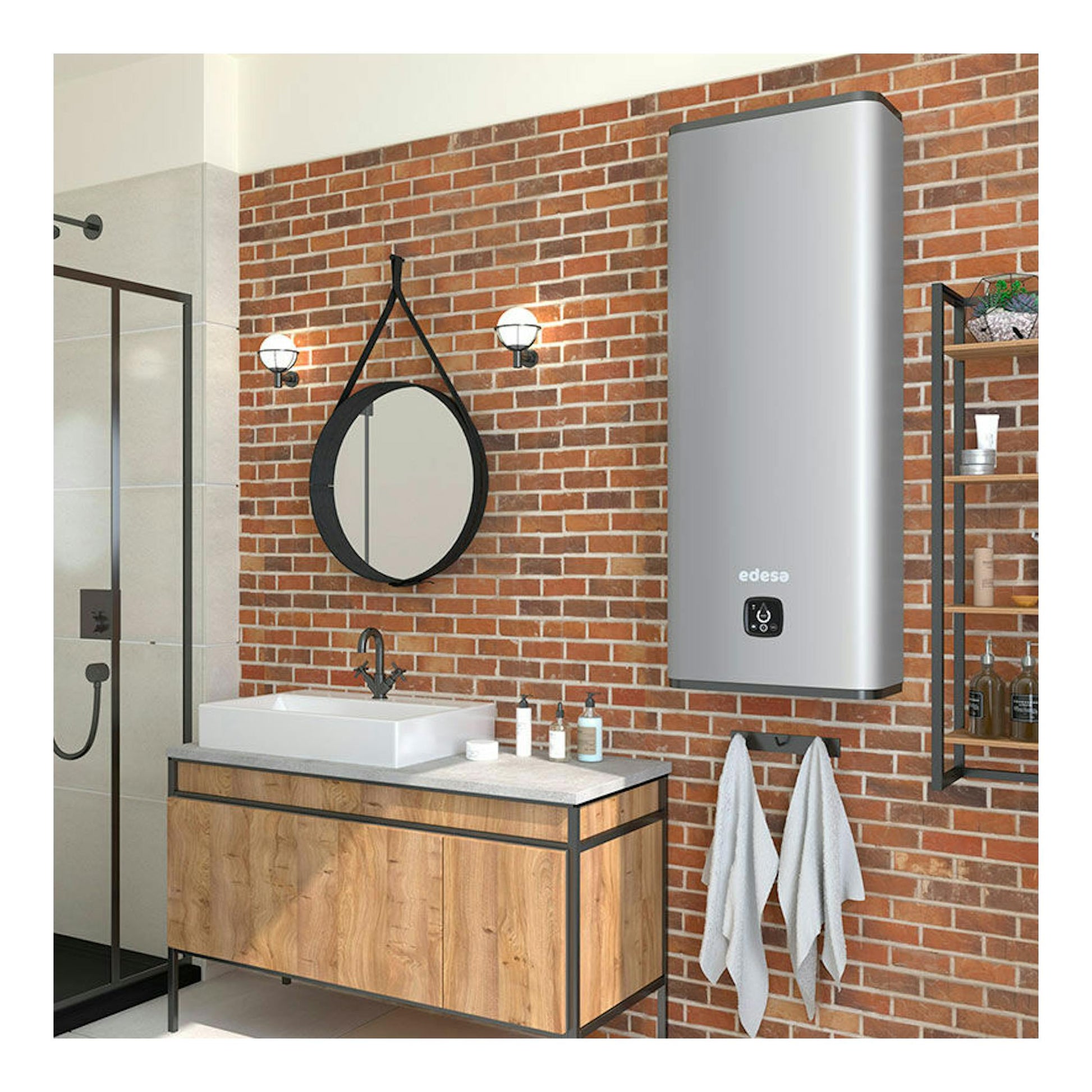 Termo eléctrico Edesa Atlantic Flat WiFi 80L gris, rectangular, visto de frente, montado en pared.