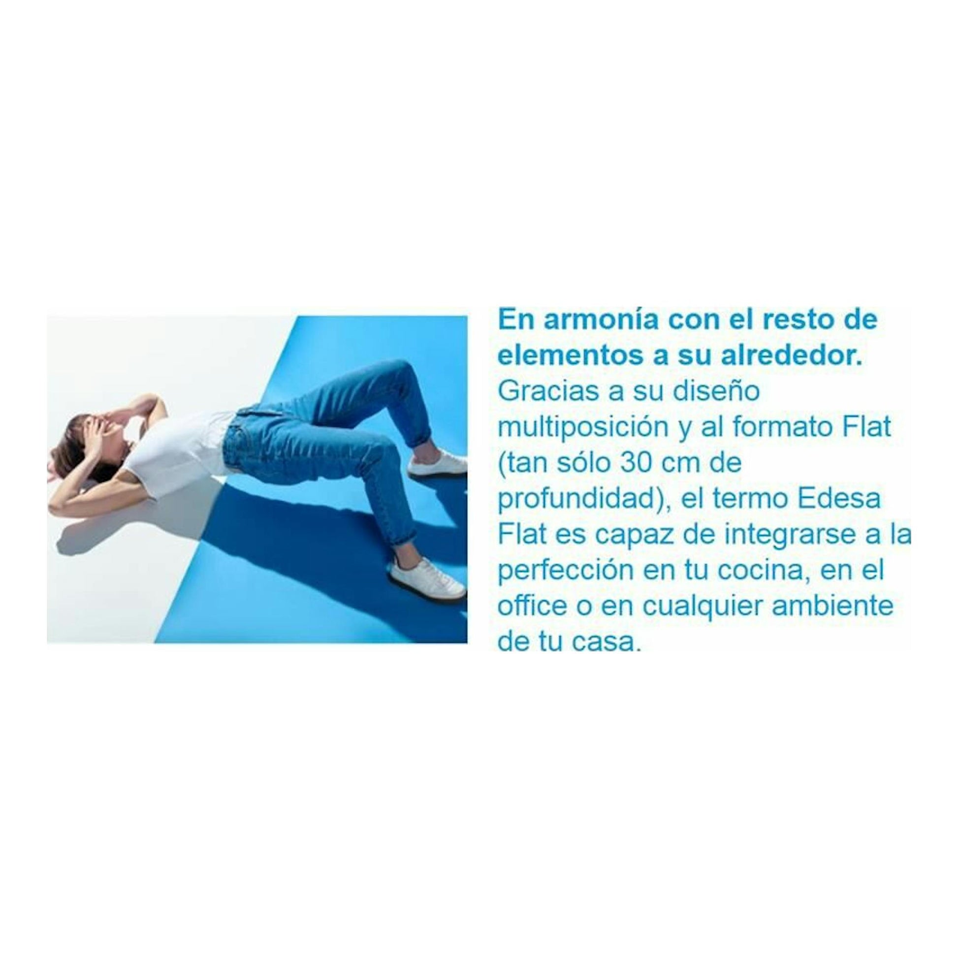 Anuncio de Edesa Flat: mujer tumbada sobre fondo blanco y azul, con texto promocional a la derecha.