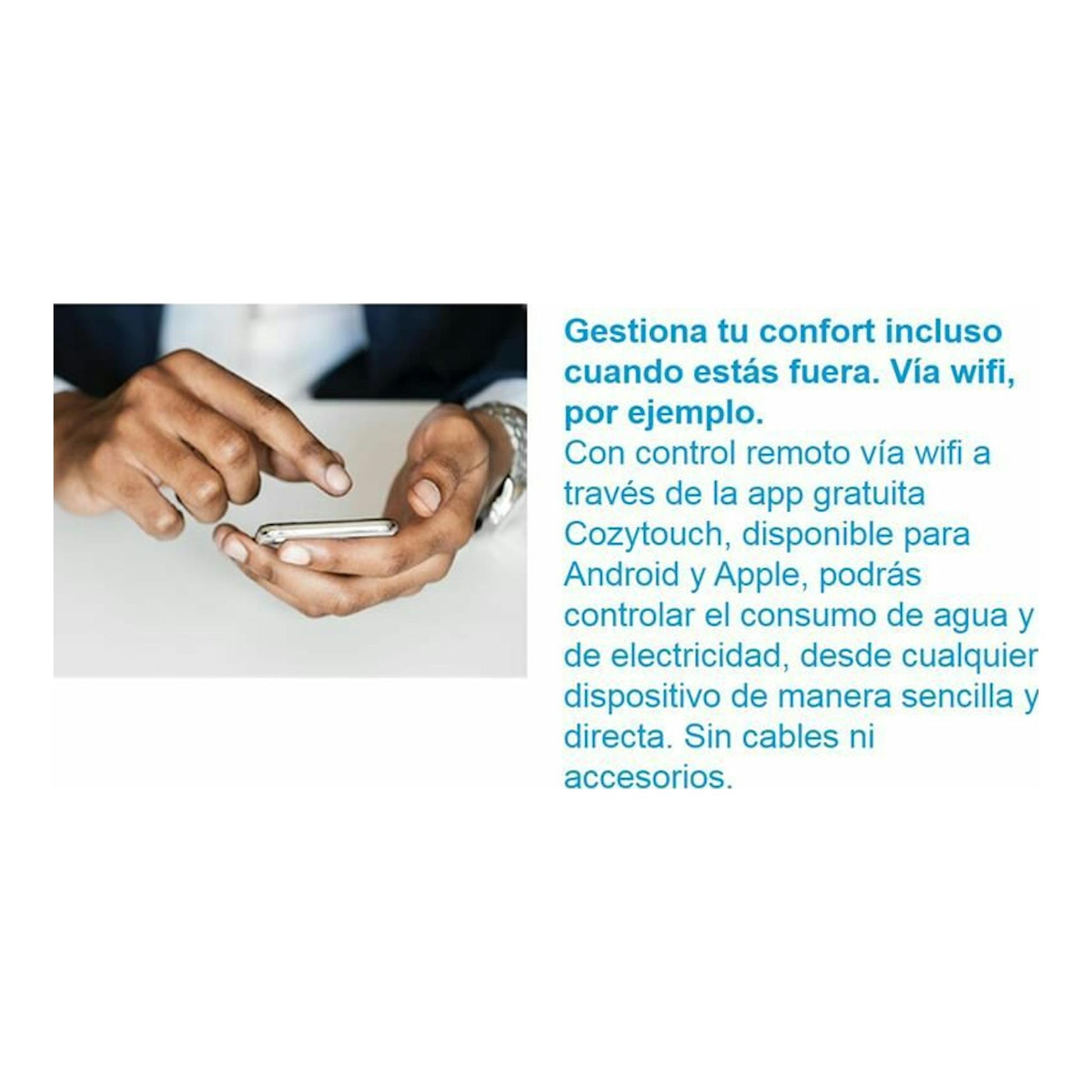 Manos usando un móvil junto a texto sobre control wifi del termo Edesa Atlantic FLAT WIFI 50L.