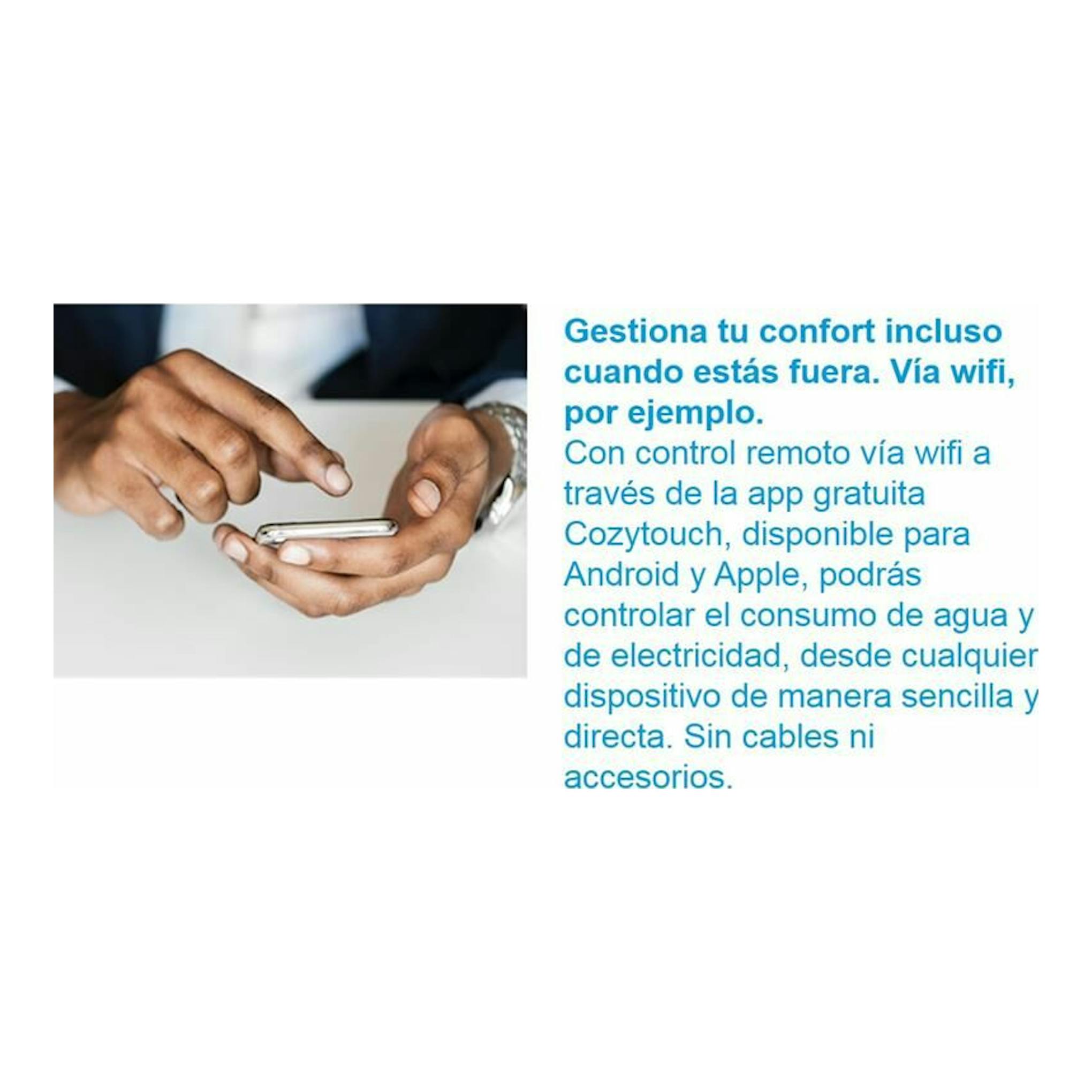 Manos usando un móvil junto a texto sobre control wifi del termo Edesa Atlantic FLAT WIFI 50L.