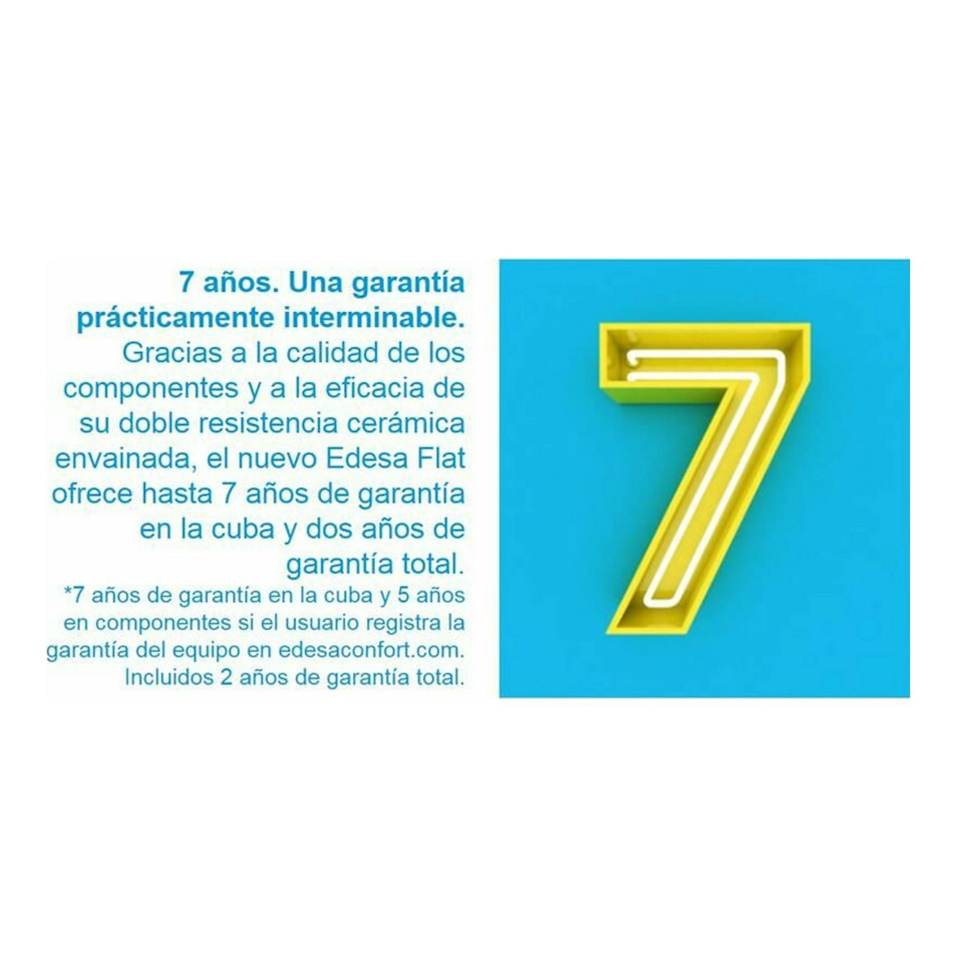 Gráfico promocional de Edesa Flat WiFi: texto de garantía y número 7 amarillo sobre fondo azul.