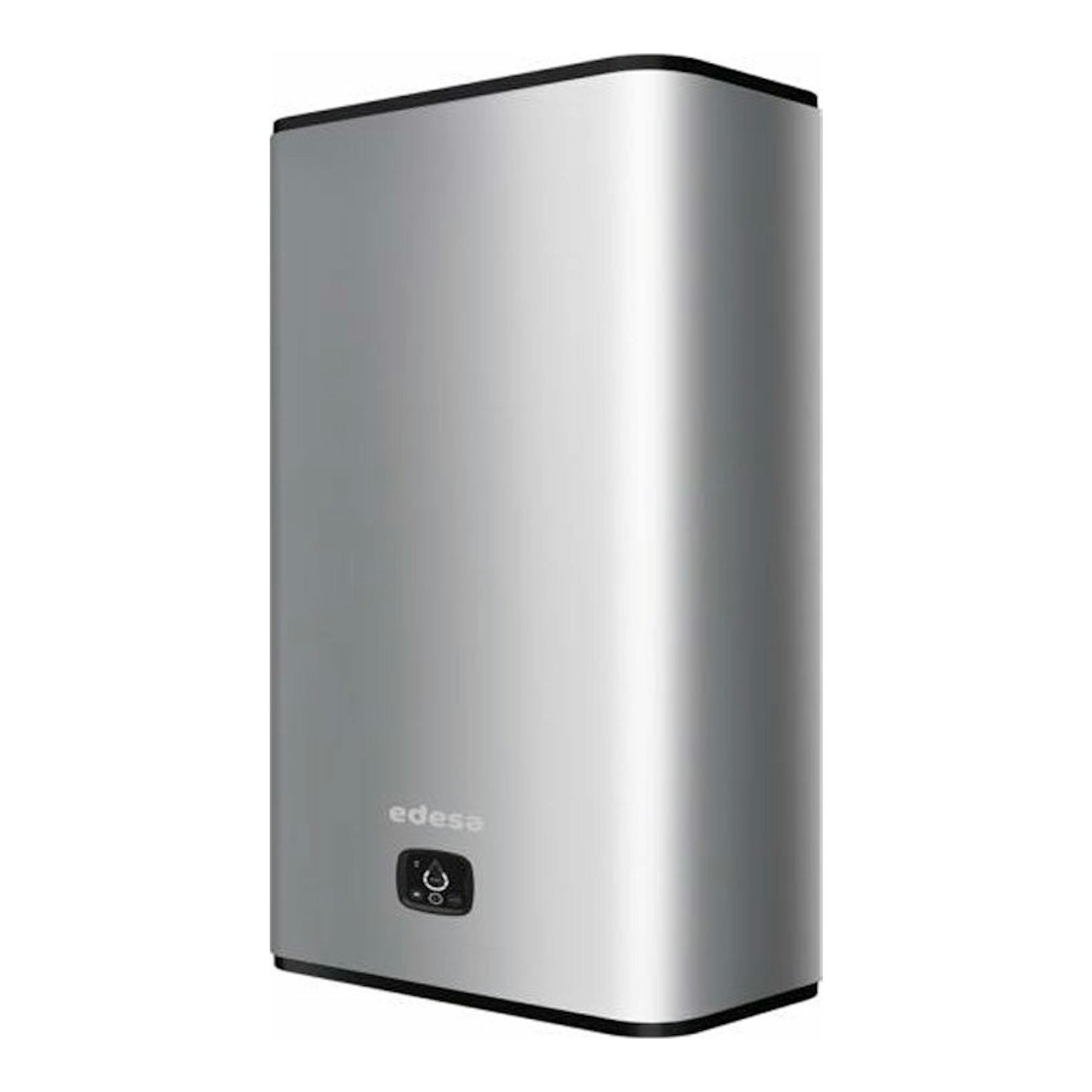 Termo eléctrico Edesa Atlantic Flat WiFi 80L, vista frontal en ángulo, color plata con panel negro.