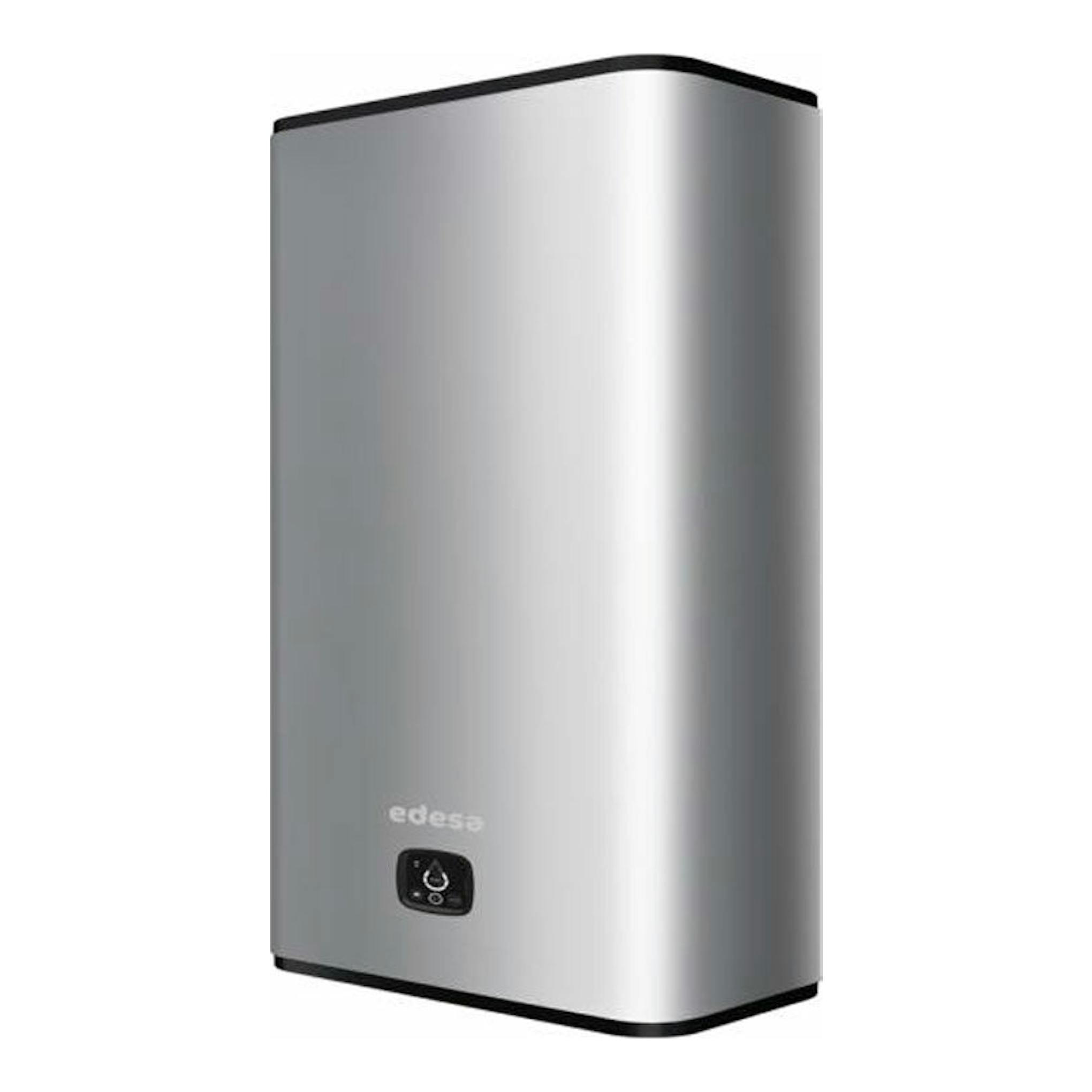 Termo eléctrico Edesa Atlantic Flat WiFi 80L, vista frontal en ángulo, color plata con panel negro.