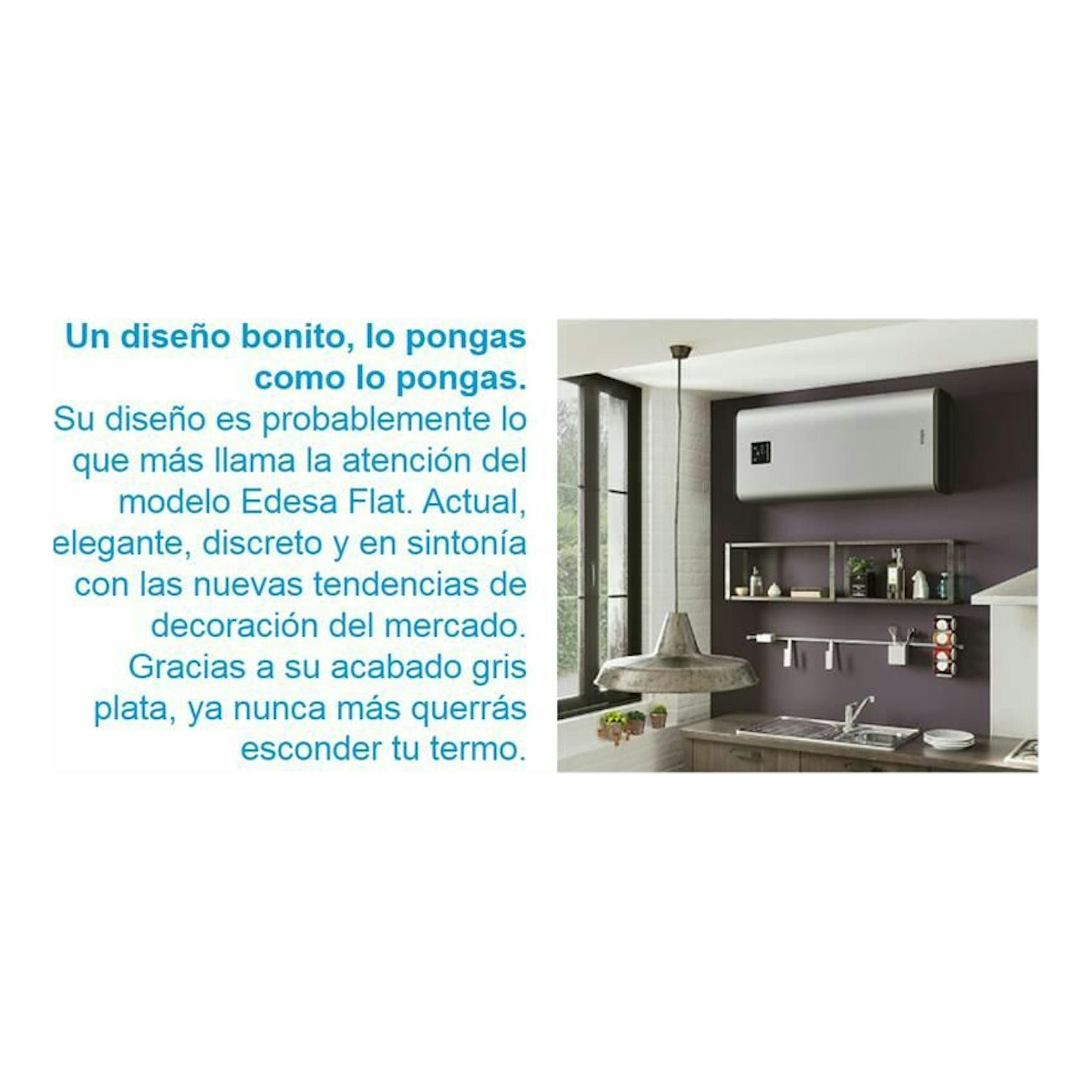 Termo eléctrico Edesa Flat gris plata, visto de frente, instalado en una cocina moderna.