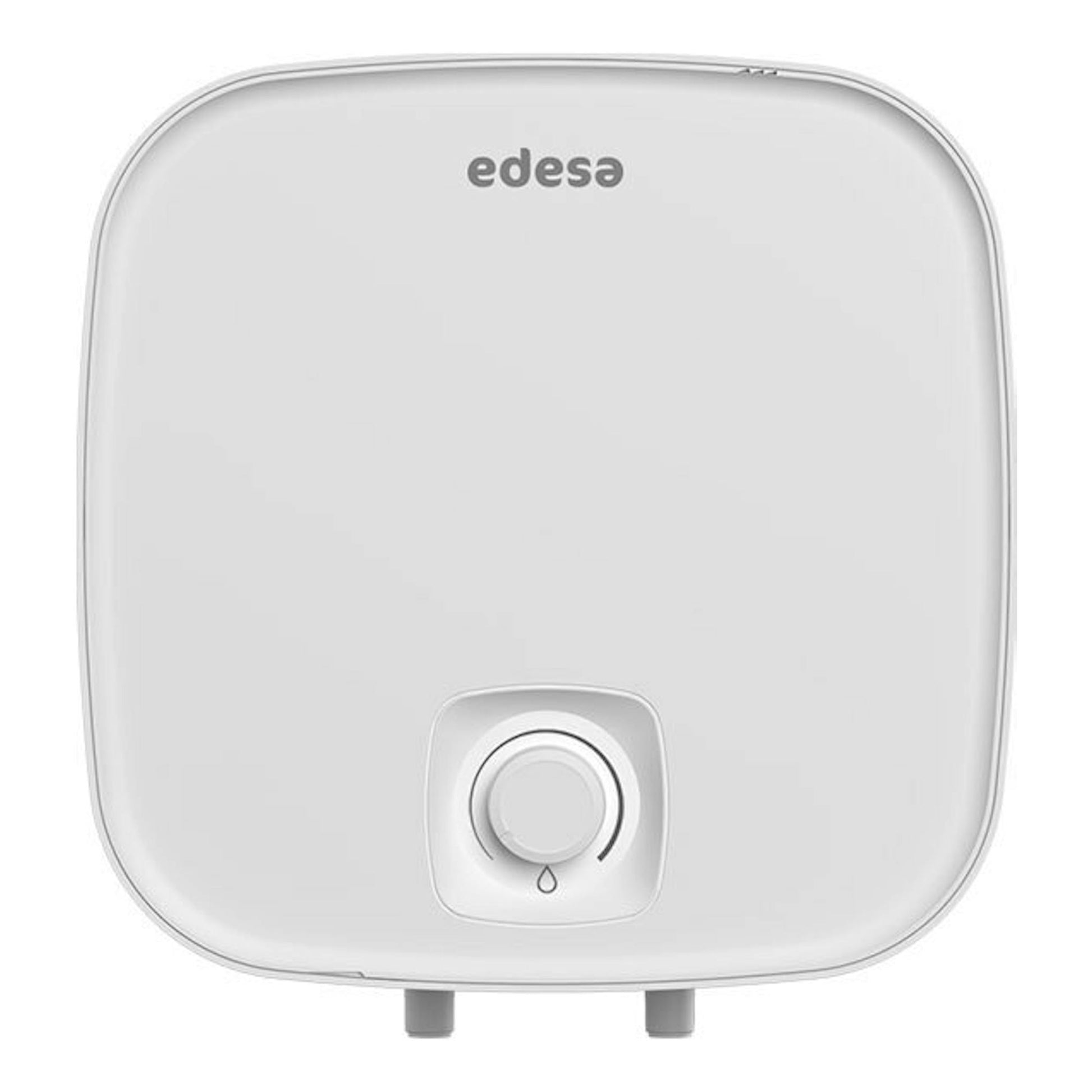 Termo eléctrico Edesa Mini 2022 30L blanco, vista frontal, con mando inferior y dos conexiones.