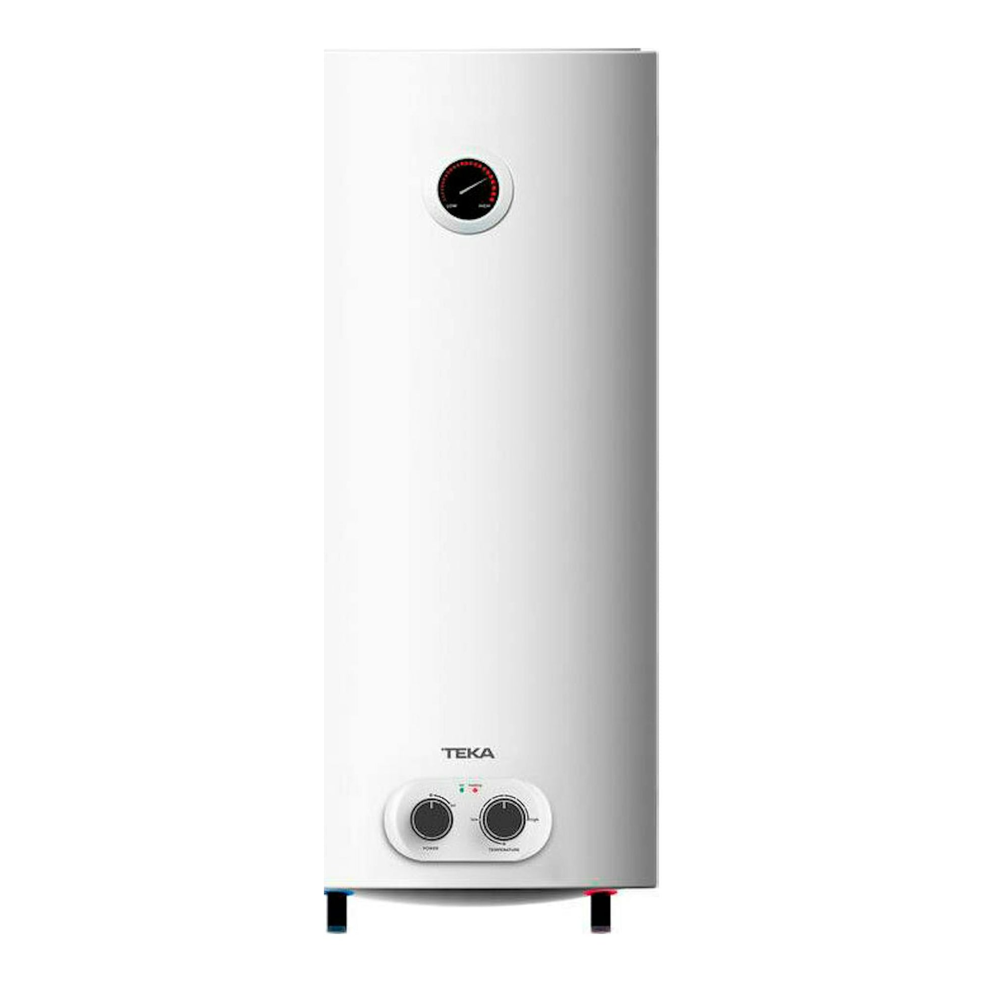 Termo eléctrico Teka EWH100DHH blanco, vista frontal, con panel inferior y indicador circular superior.