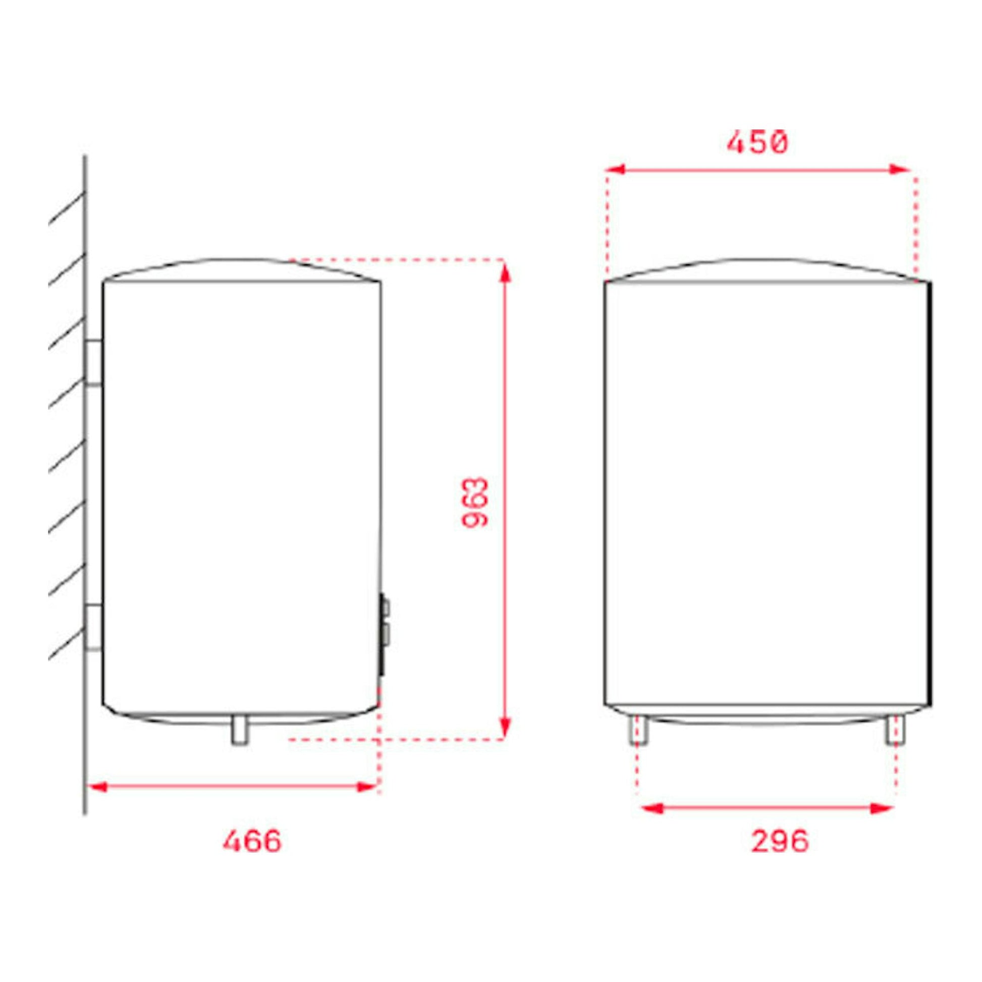 Teka EWH100DHH: esquema técnico de termo eléctrico blanco, vista frontal y lateral, con medidas.
