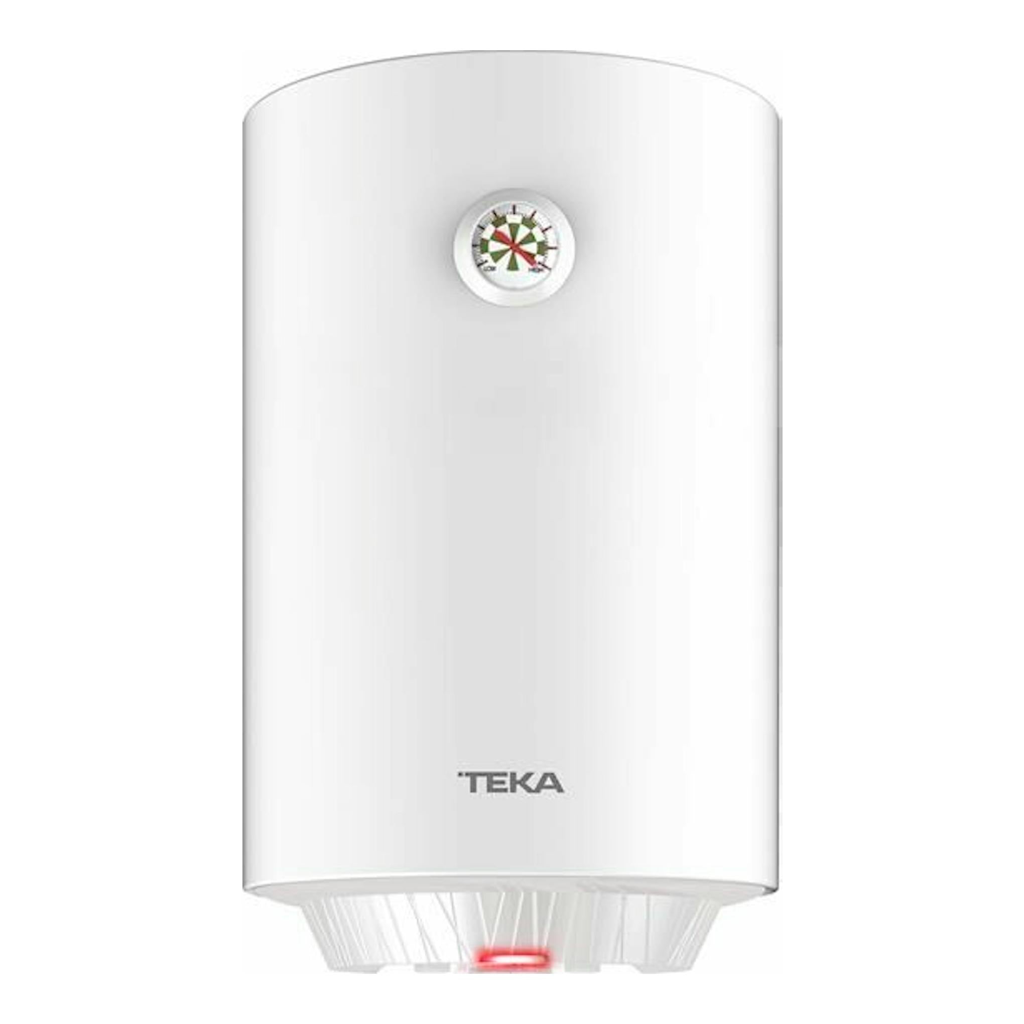 Termo eléctrico Teka EWH30C blanco, vista frontal, cilindro vertical con indicador circular y logo TEKA.