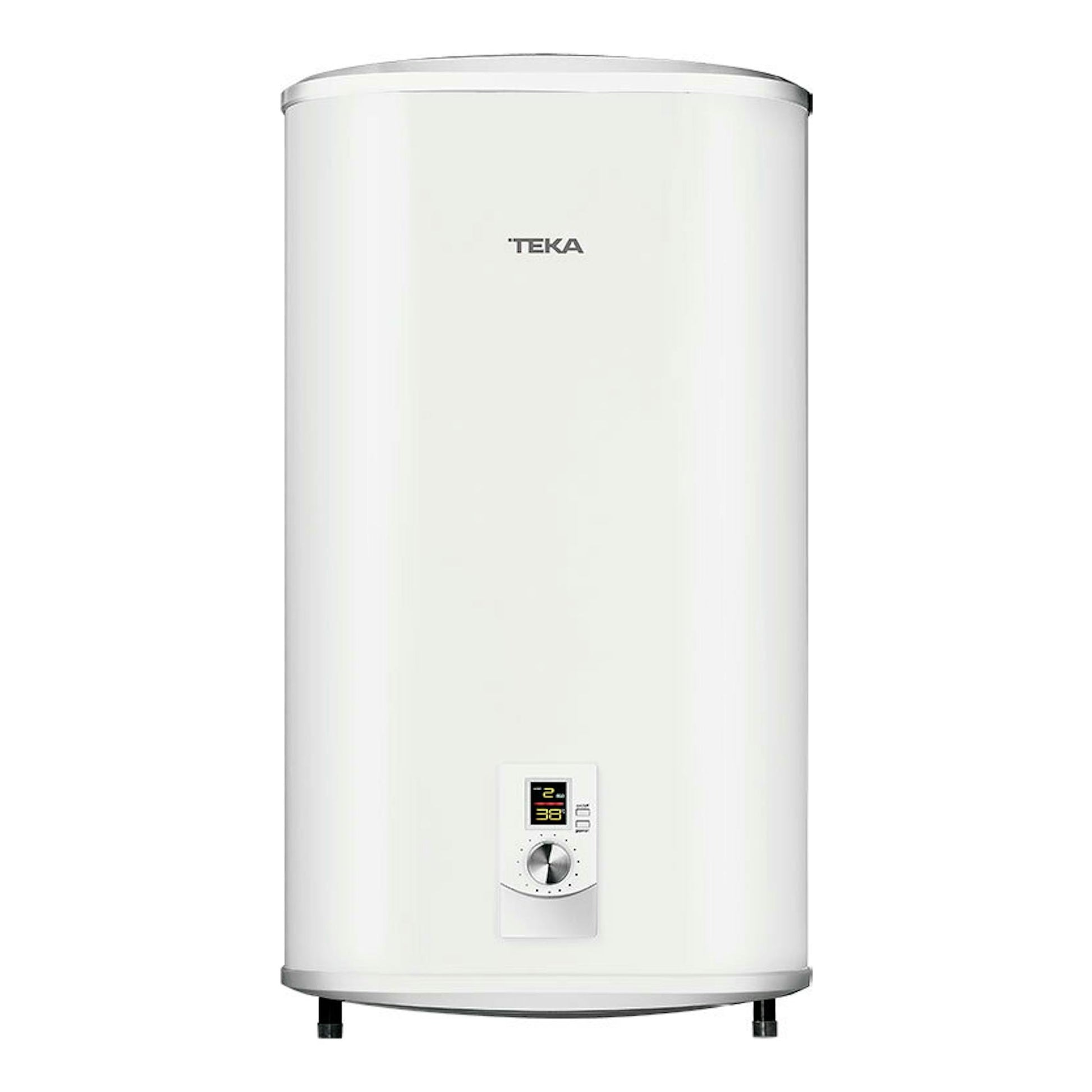 Termo eléctrico Teka SHS100SLIM blanco, vista frontal, con panel de control inferior.