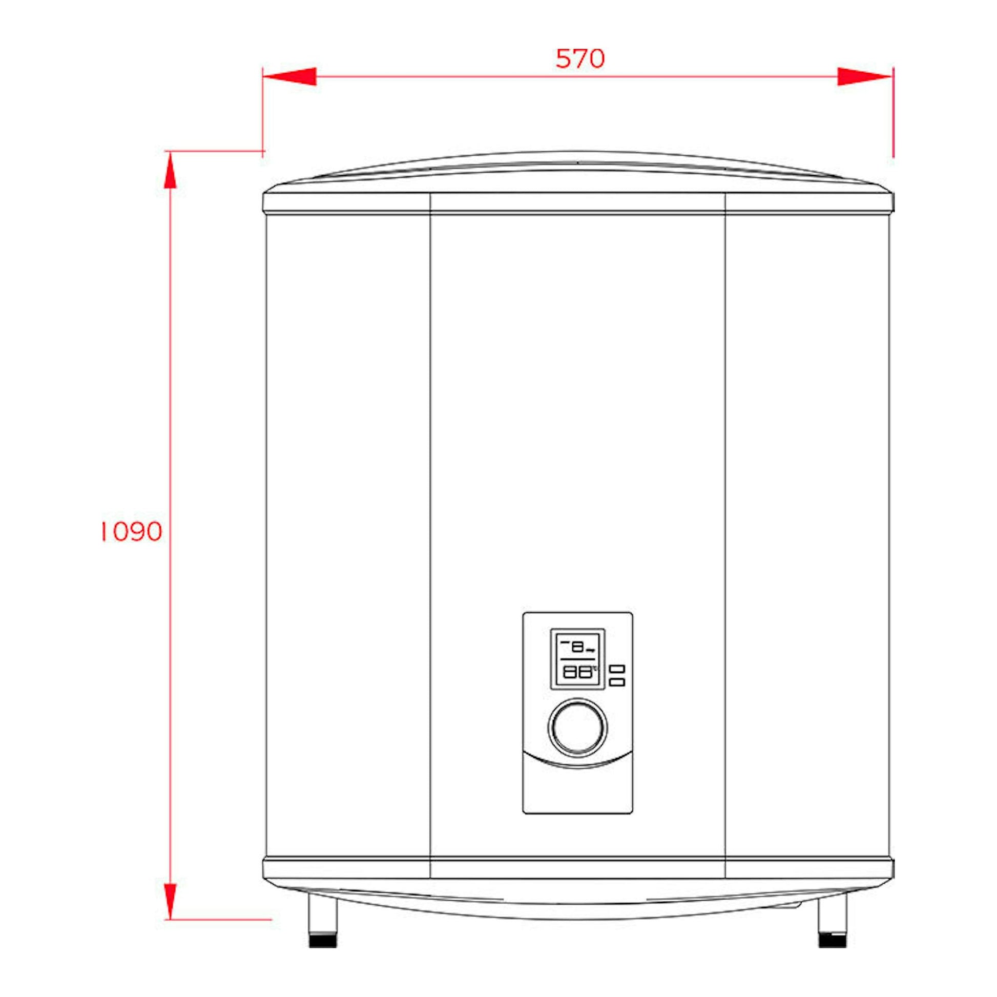 Termo eléctrico Teka SHS100SLIM 100L, vista frontal de cuerpo blanco cilíndrico con panel central y medidas 570x1090.