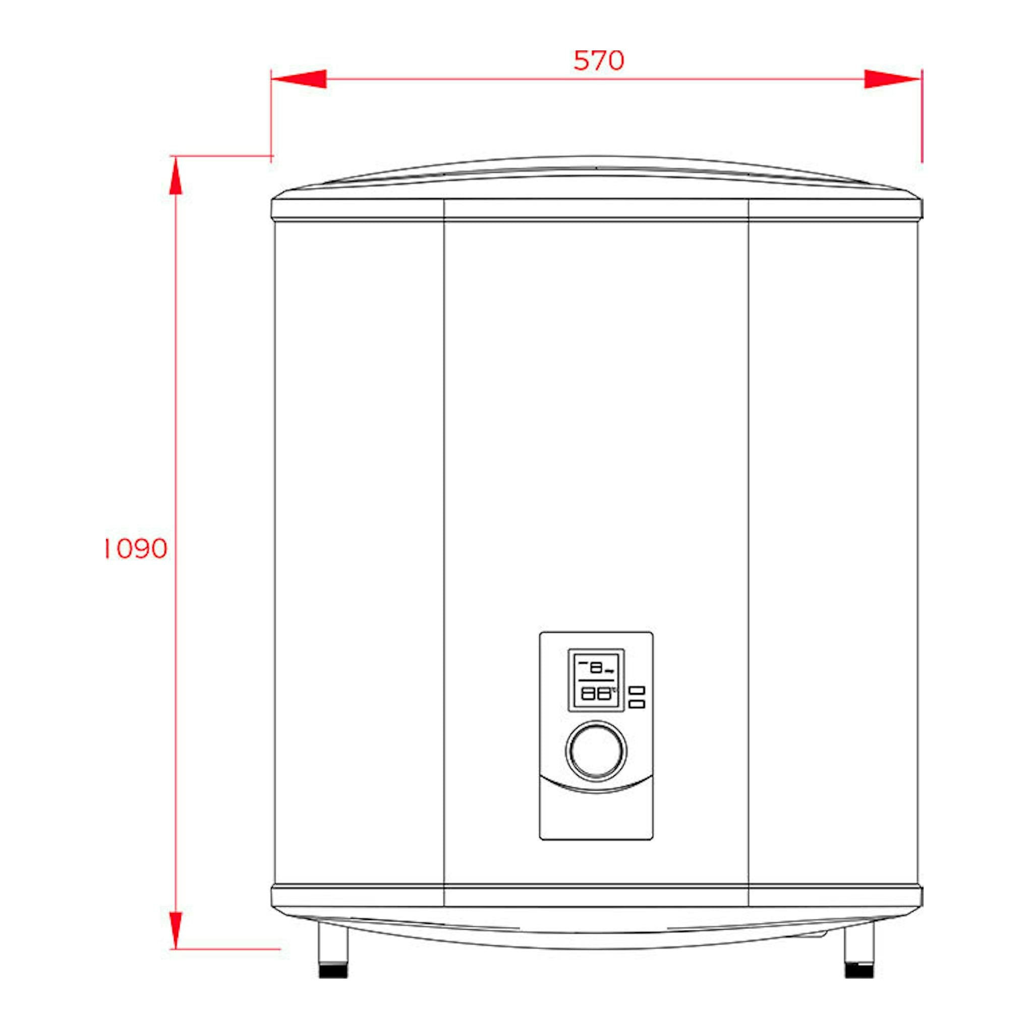 Termo eléctrico Teka SHS100SLIM 100L, vista frontal de cuerpo blanco cilíndrico con panel central y medidas 570x1090.
