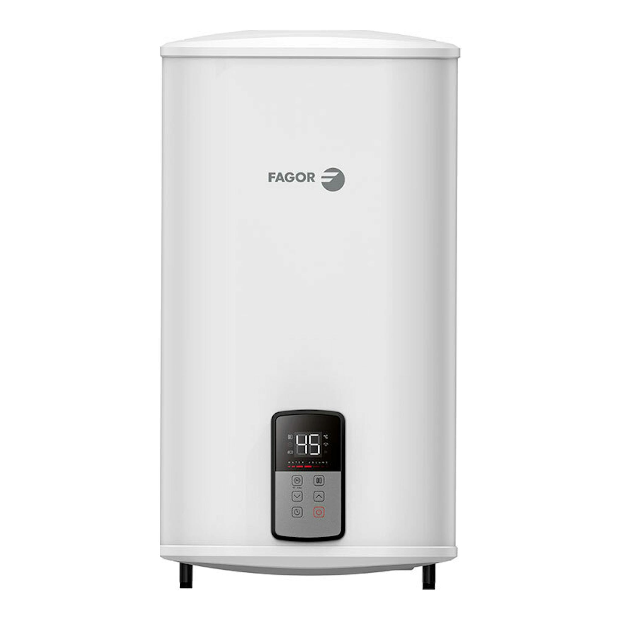 Termo Fagor C DUO 50 eco W blanco, vista frontal, con panel digital en la parte inferior.