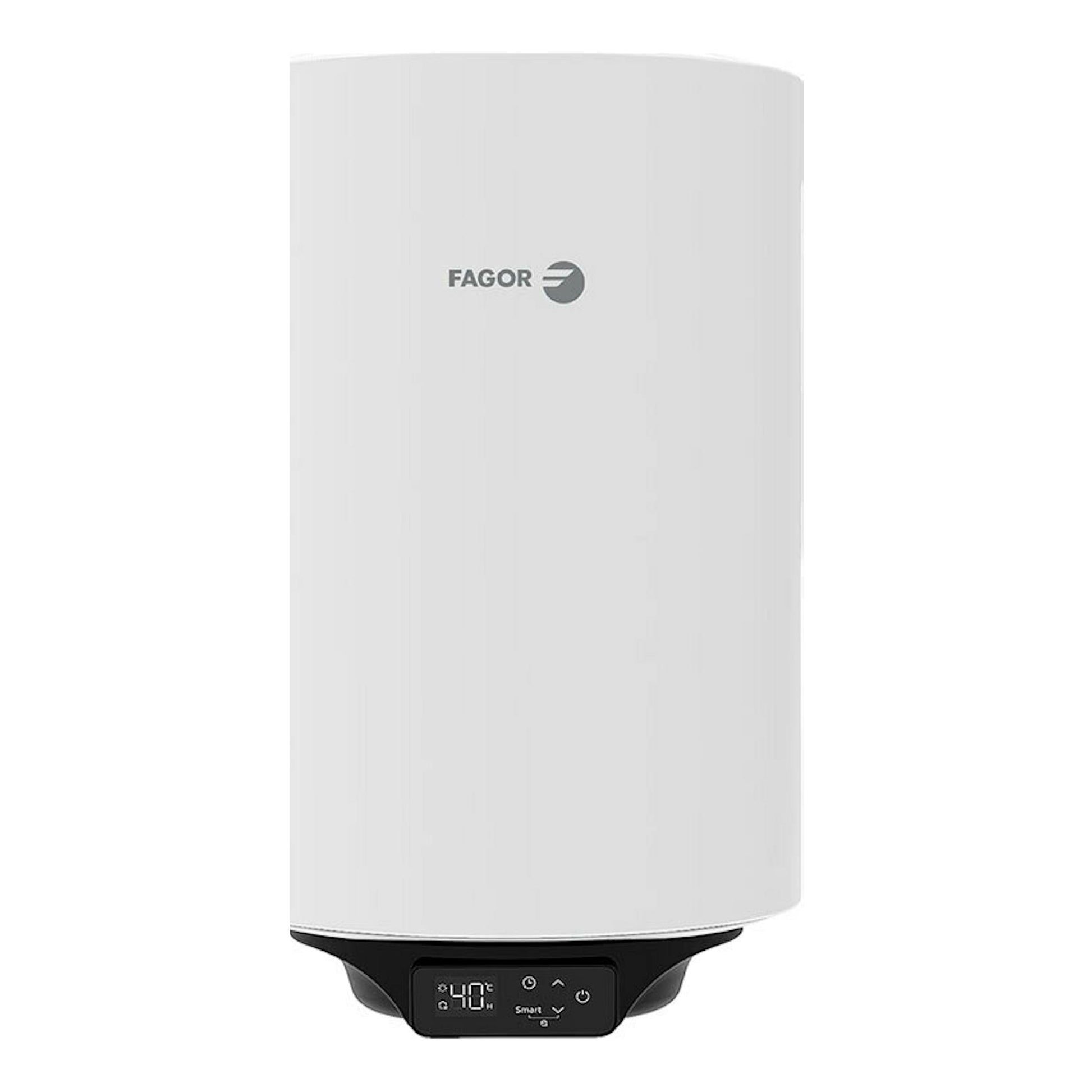 Termo Fagor RD-100 W eco blanco, vista frontal, cuerpo cilíndrico con panel negro inferior.