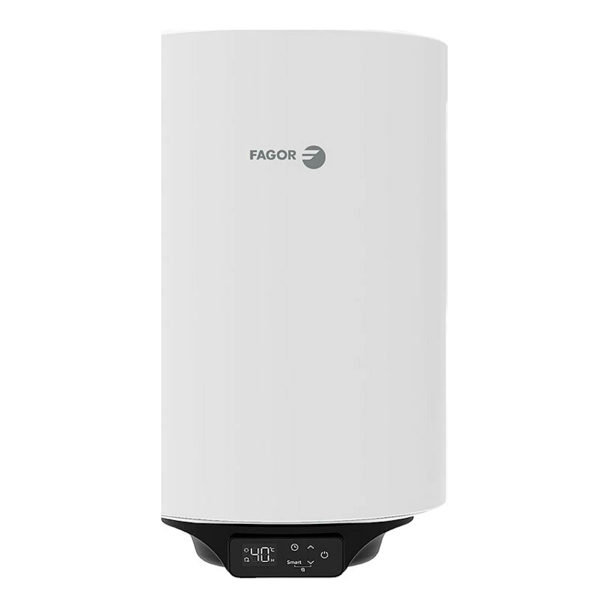 Termo Fagor RD-100 W eco blanco, vista frontal, cuerpo cilíndrico con panel negro inferior.