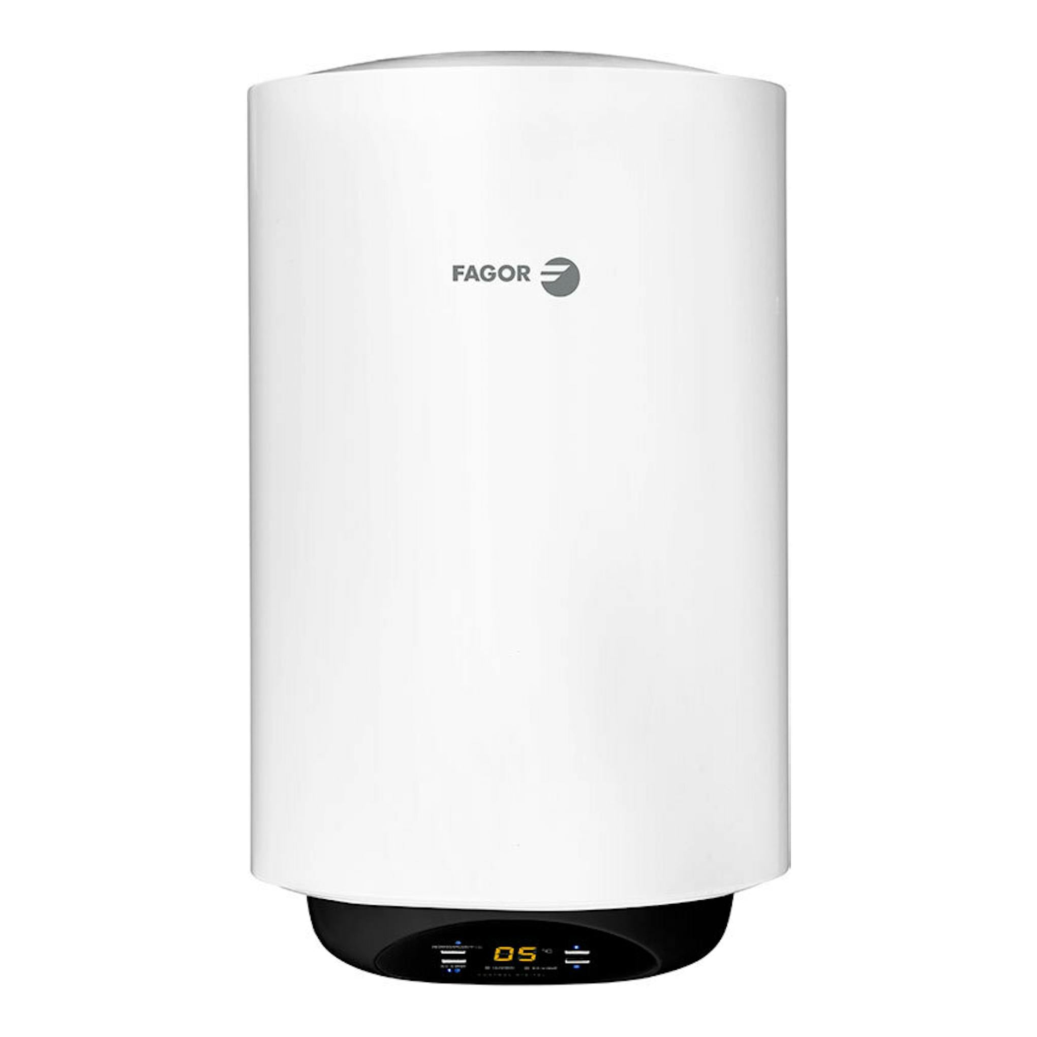 Termo eléctrico Fagor SLIM 30 D eco blanco, vista frontal, cilindro vertical con panel digital inferior.