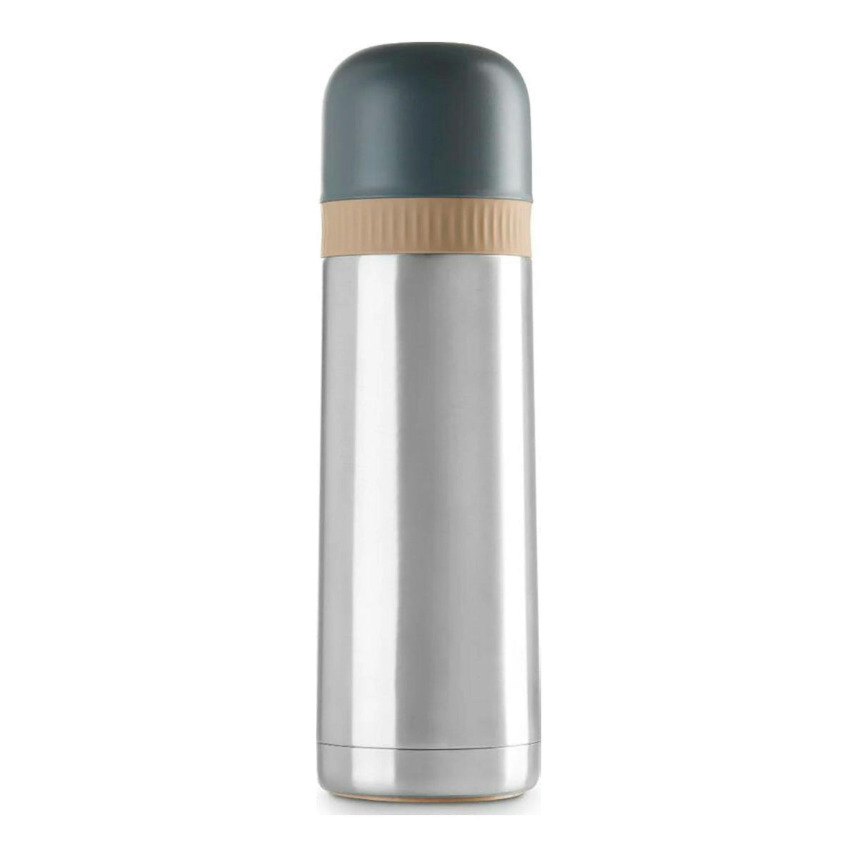 Termo Bra Enjoy 800 ml, vista frontal, cuerpo plateado con tapa gris y aro beige.