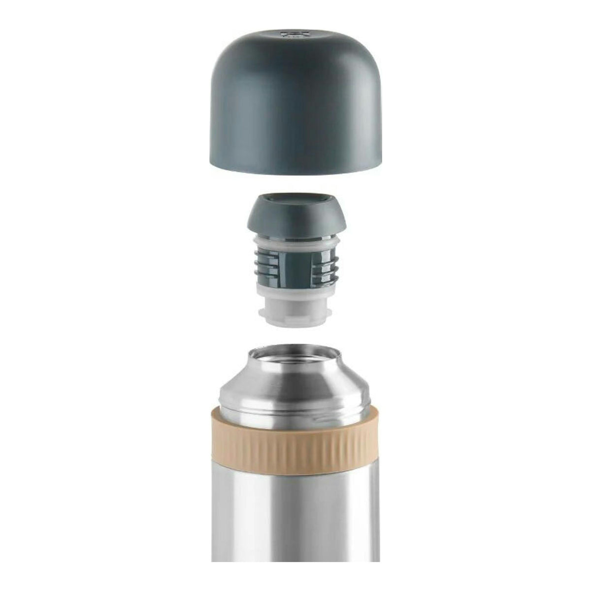 Termo Bra Enjoy 800 ml de acero inoxidable, vista explotada con tapa gris oscuro y aro beige.