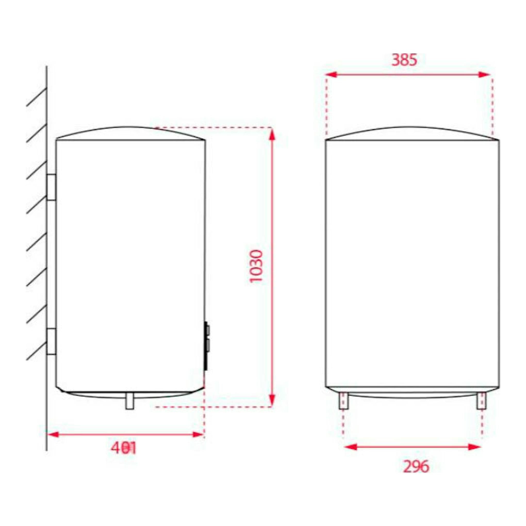 Dibujo técnico del termo Teka AQUA80 en blanco, vista frontal y lateral, con medidas 1030, 385, 296 y 481 mm.