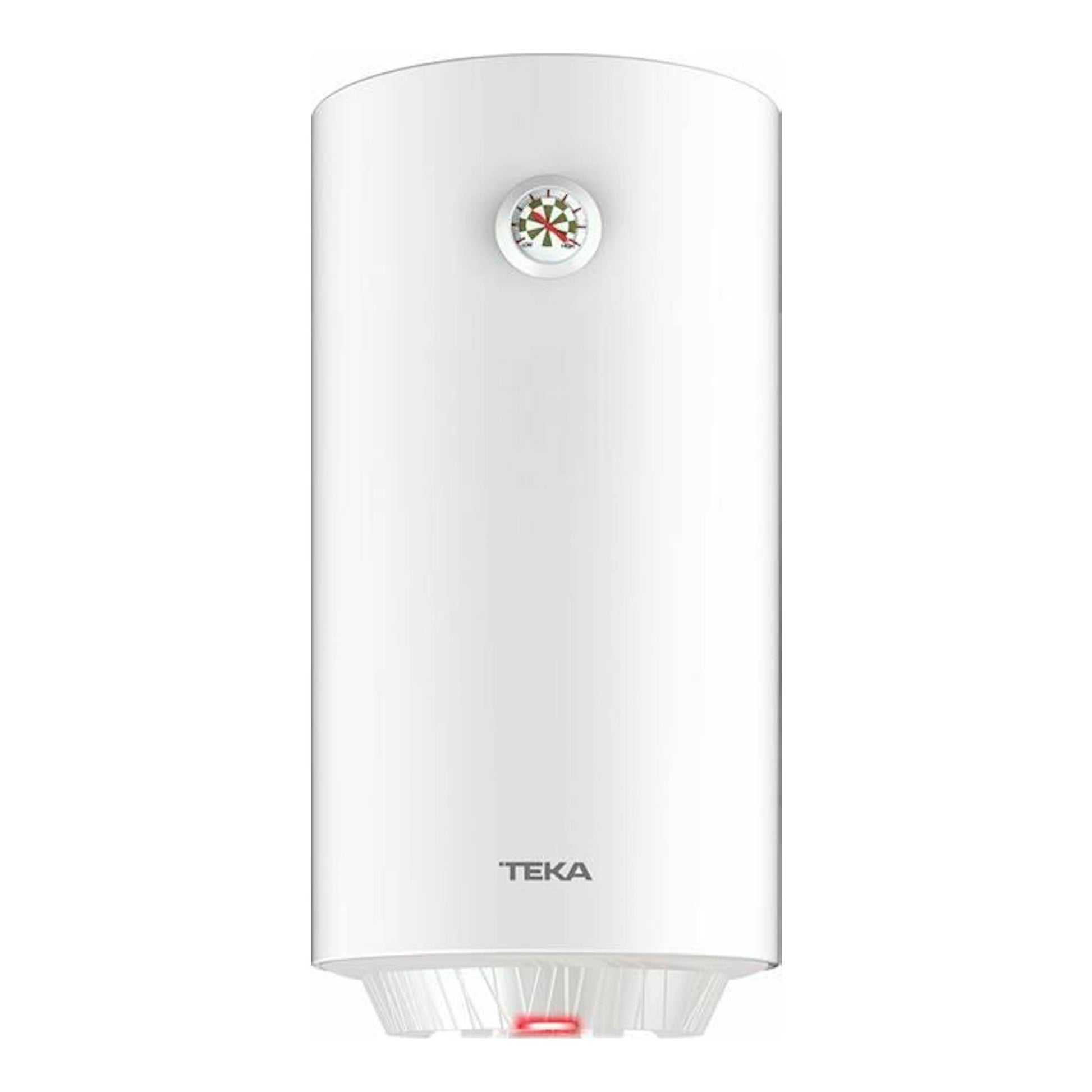 Termo eléctrico Teka EWH100C blanco, vista frontal, con indicador circular en la parte superior.