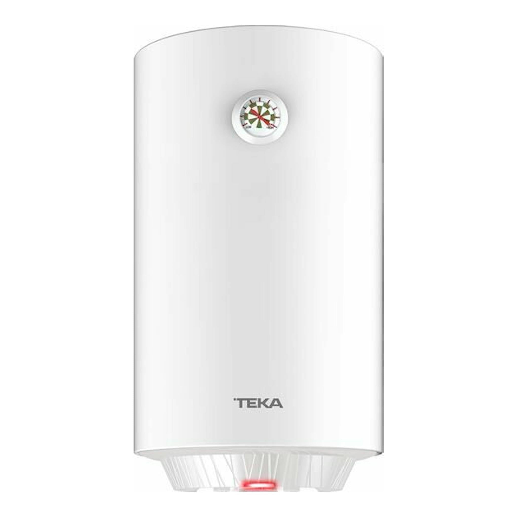 Termo eléctrico Teka EWH50C blanco, vista frontal, con indicador circular y logotipo Teka.