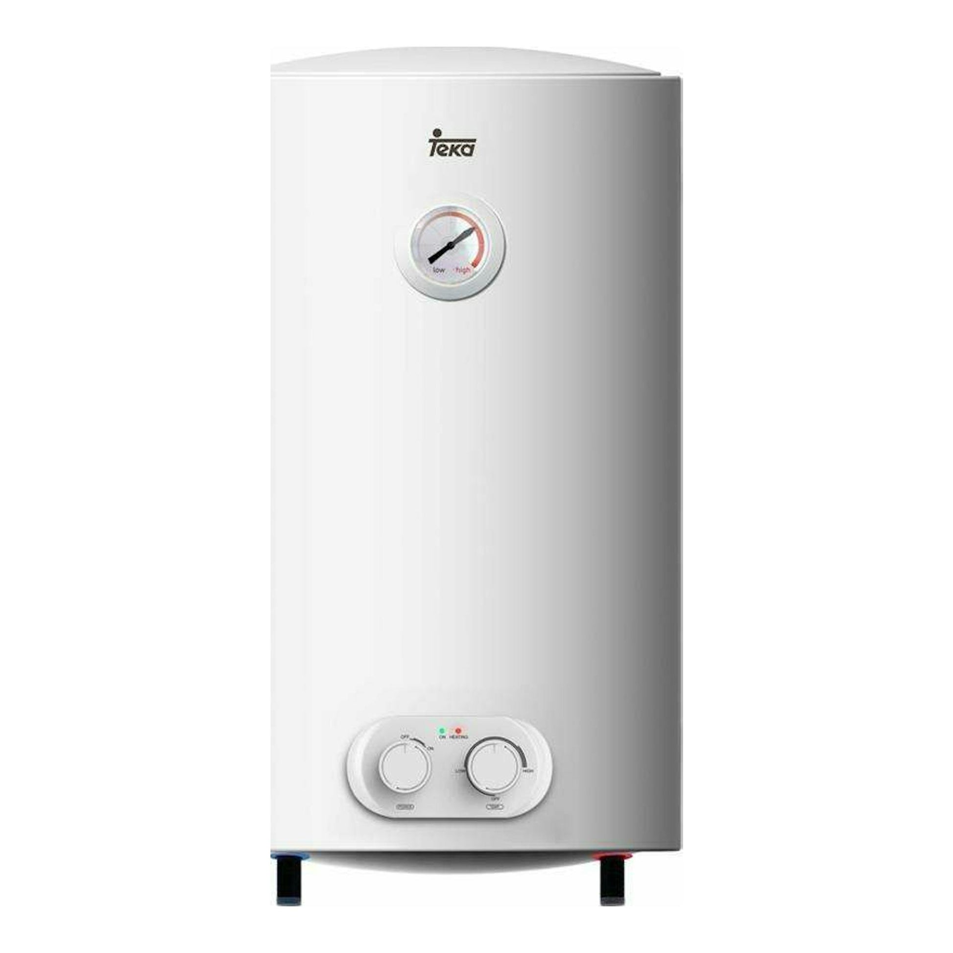 Termo eléctrico Teka EWH50H blanco, vista frontal, con dos mandos e indicador de temperatura.