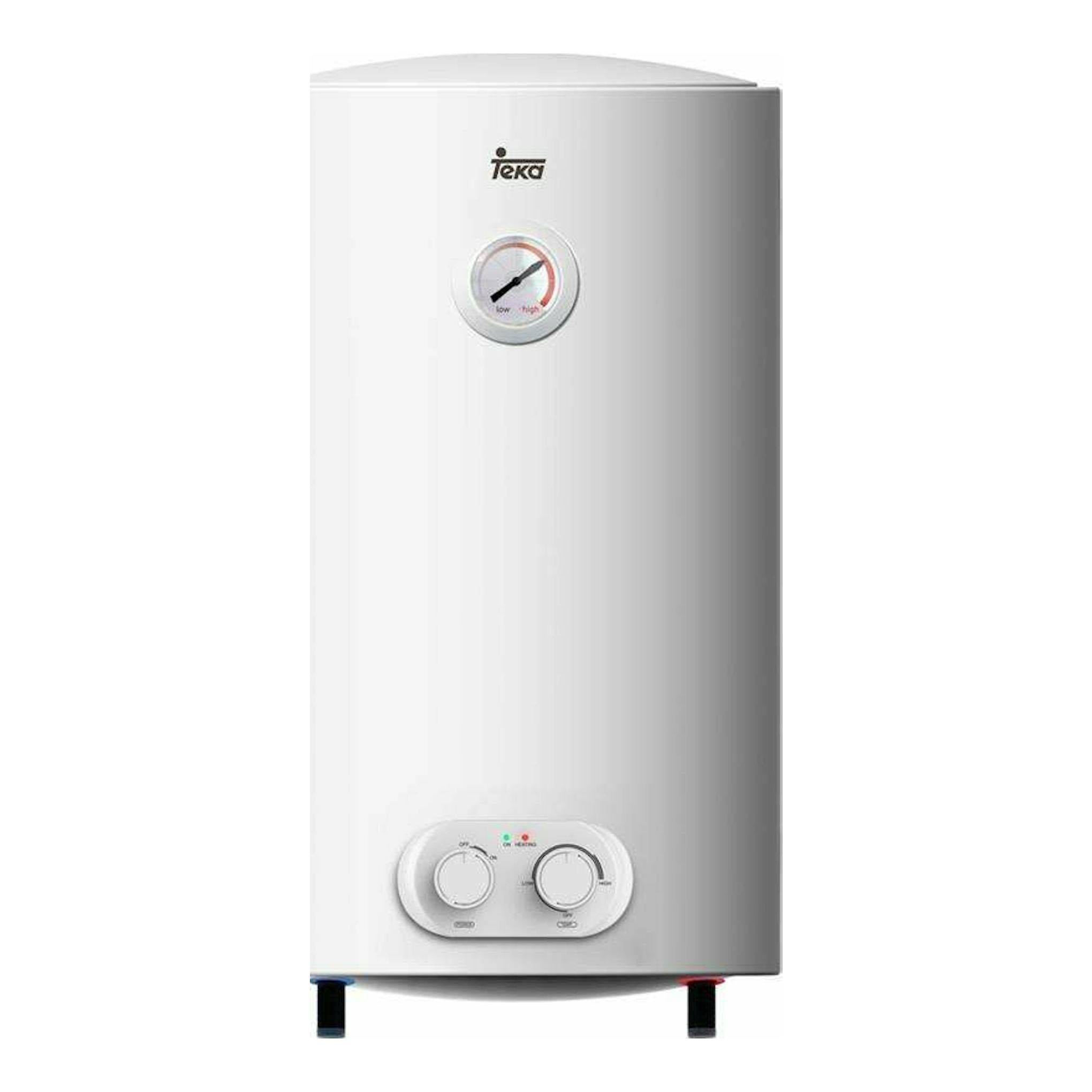 Termo eléctrico Teka EWH50H blanco, vista frontal, con dos mandos e indicador de temperatura.
