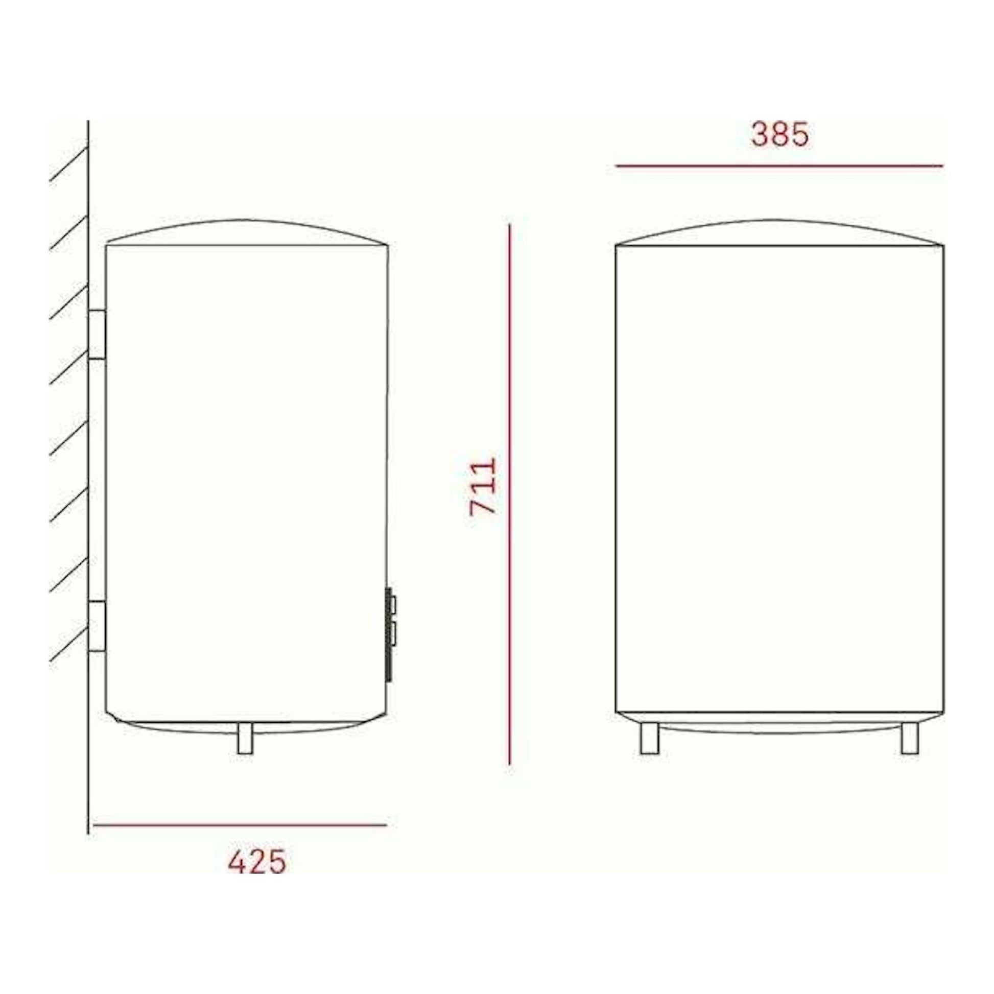 Dibujo técnico del termo Teka EWH50H, vistas frontal y lateral en blanco, con medidas 711 x 385 x 425 mm.
