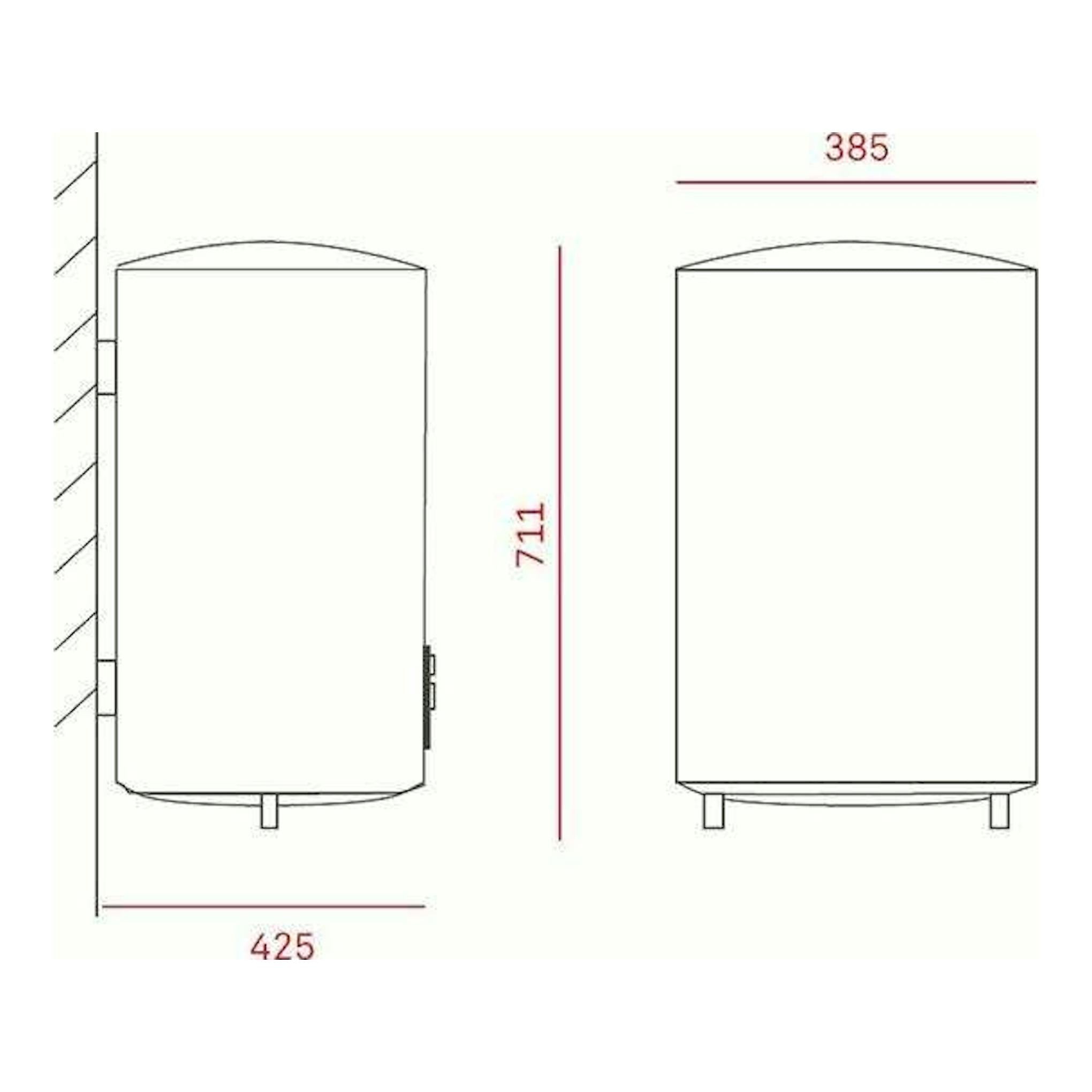 Dibujo técnico del termo Teka EWH50H, vistas frontal y lateral en blanco, con medidas 711 x 385 x 425 mm.