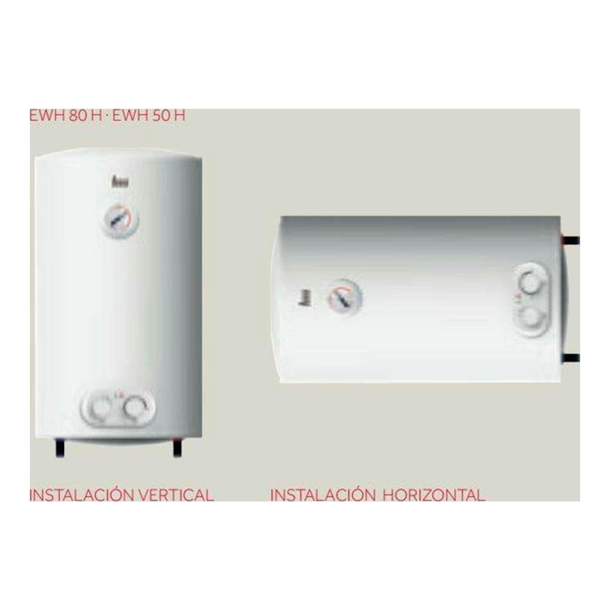 Teka EWH50H, termo eléctrico blanco mostrado en vista frontal vertical y horizontal.