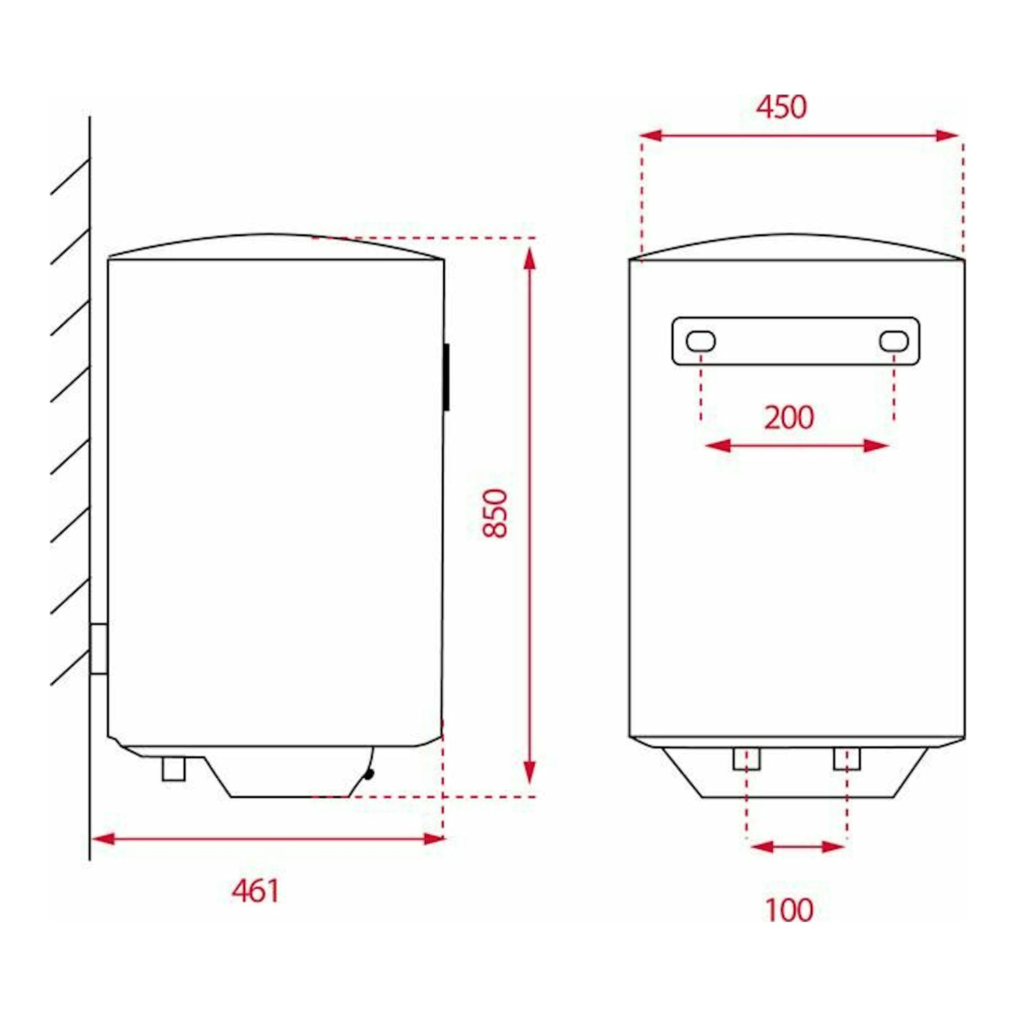 Dibujo técnico del termo Teka EWH80C, vistas frontal y lateral en blanco, con cotas en rojo.