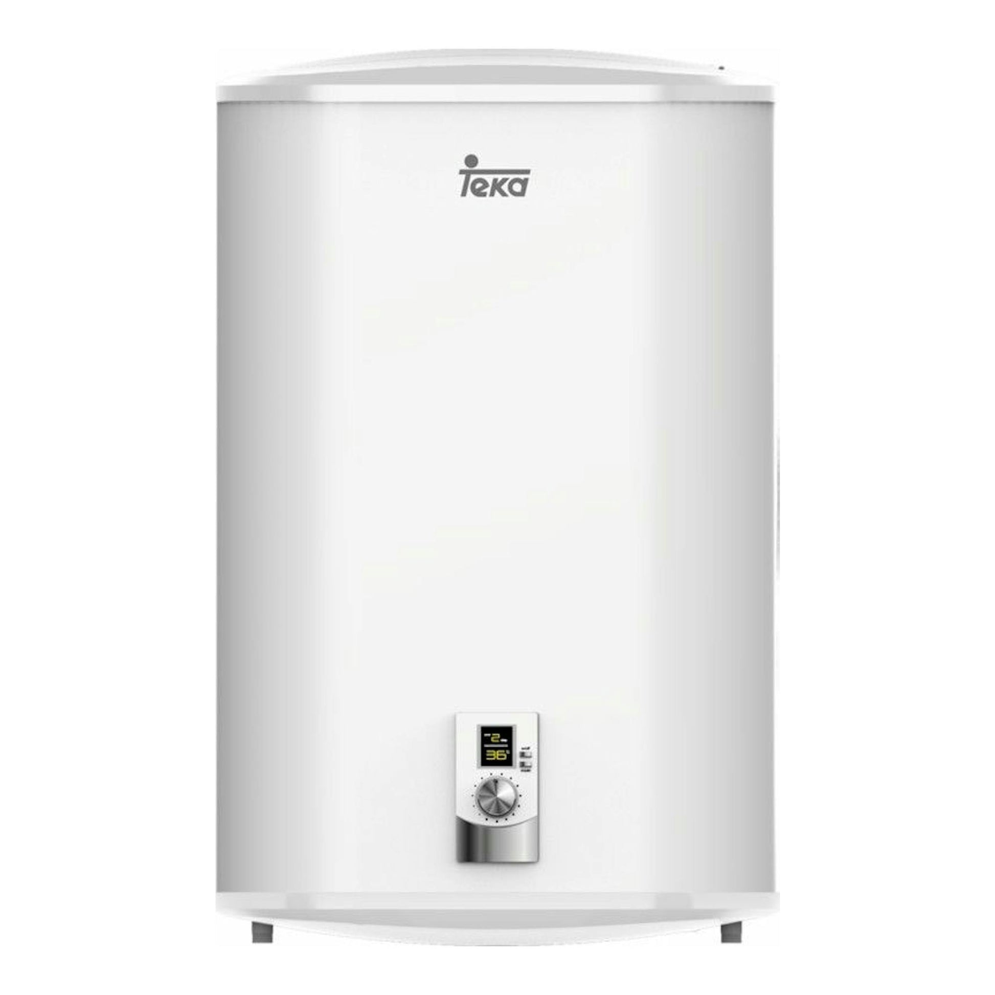 Termo eléctrico Teka EWH80D Slim blanco, vista frontal, con panel de control inferior.