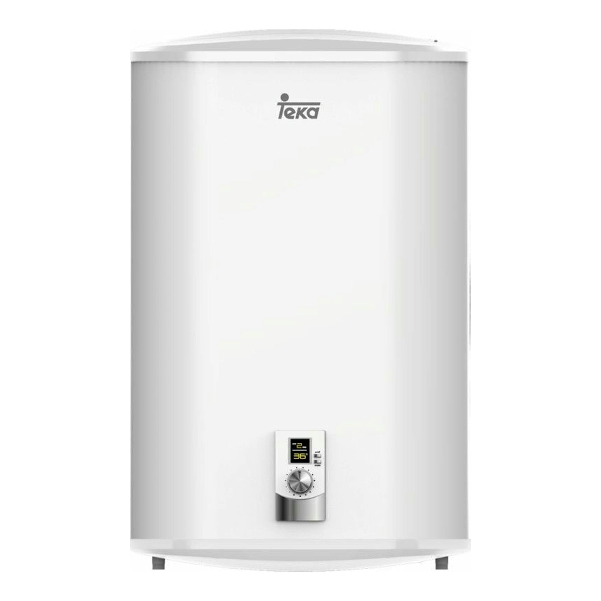 Termo eléctrico Teka EWH80D Slim blanco, vista frontal, con panel de control inferior.