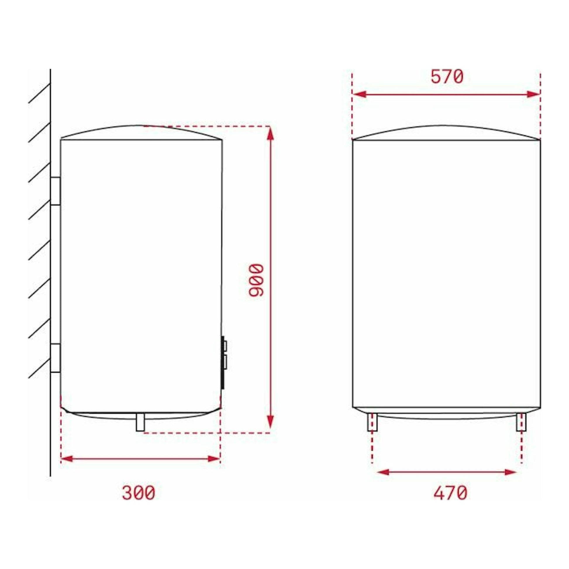 Termo Teka EWH80D Slim blanco, dibujo técnico frontal y lateral con medidas 900 x 570 x 470 mm.