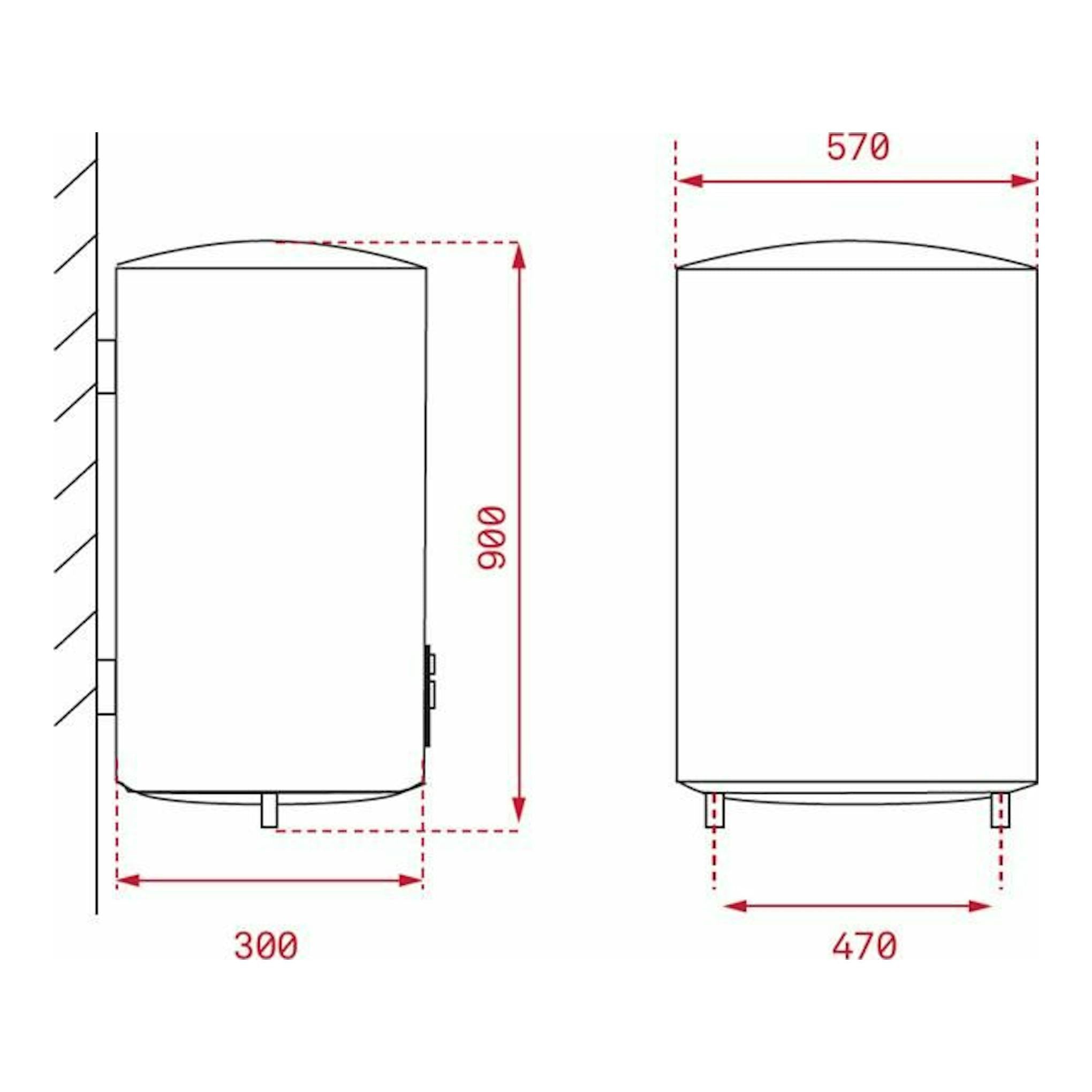 Termo Teka EWH80D Slim blanco, dibujo técnico frontal y lateral con medidas 900 x 570 x 470 mm.