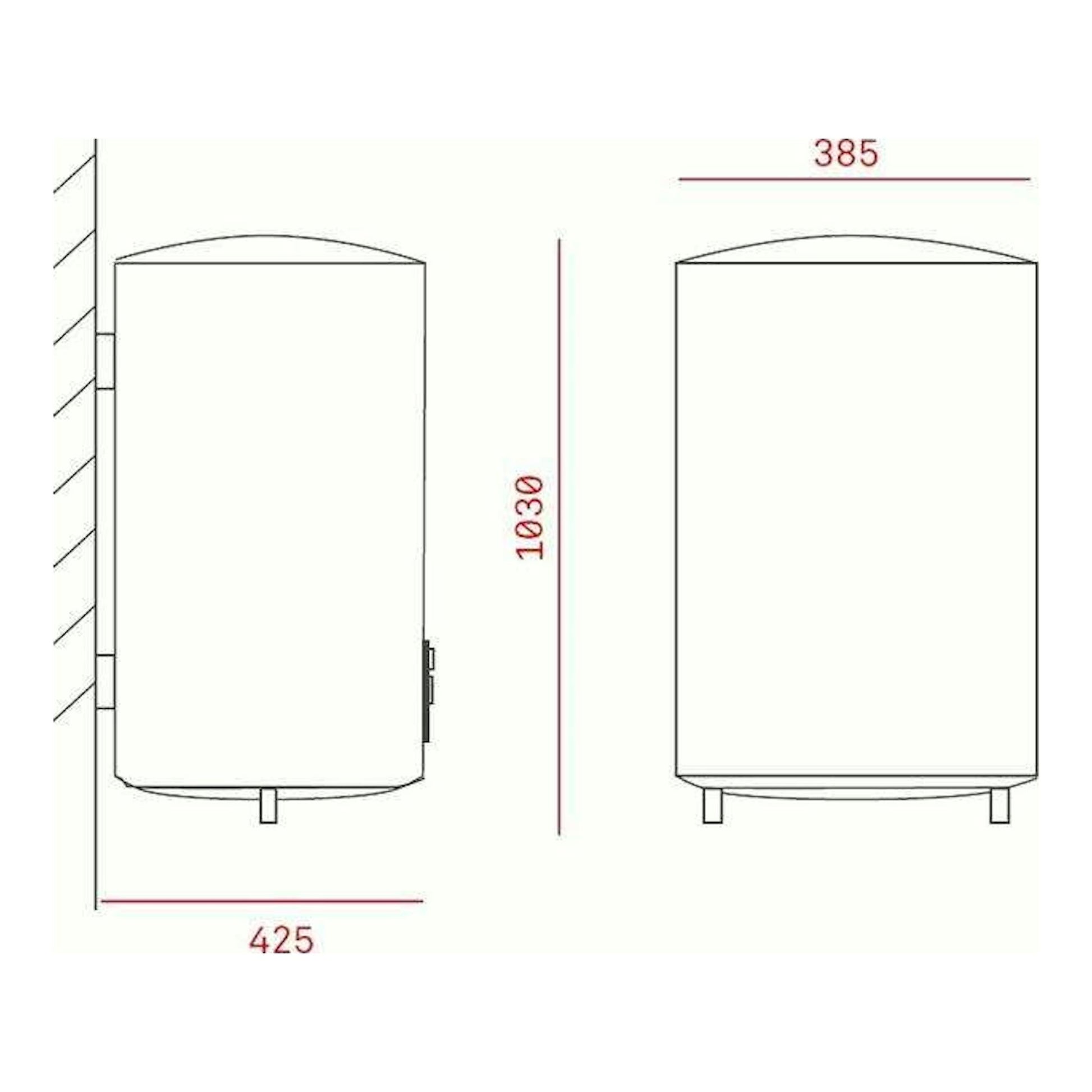 Plano técnico del termo Teka EWH80H, vistas frontal y lateral, blanco, con medidas 1030 x 425 x 385 mm.