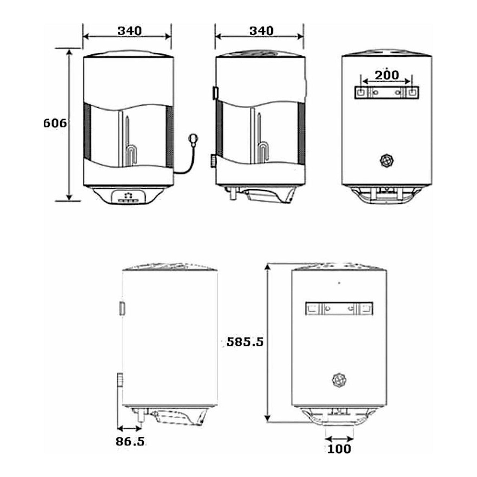Esquema técnico del termo Teka SMART EWH30VE-D, con vistas frontal y lateral en blanco y cotas de medida.