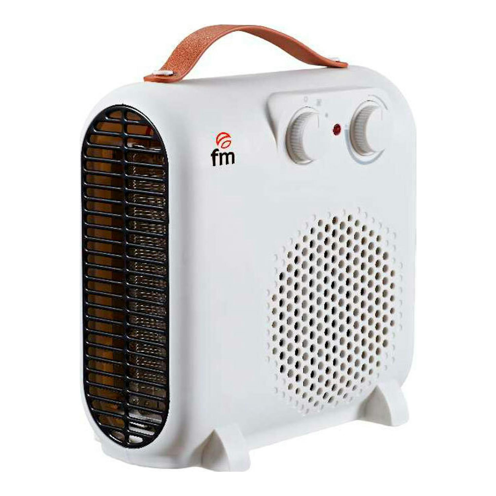 Termoventilador FM Dual 2000W blanco, vista frontal en ángulo, con asa marrón y mandos superiores.