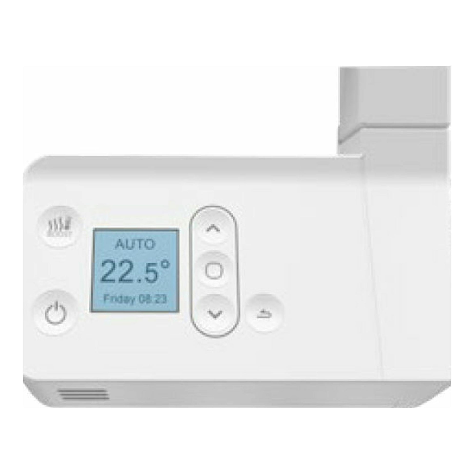 Toallero eléctrico Edesa Atlantic Cocoon 500W blanco, vista frontal, con pantalla digital y botones.