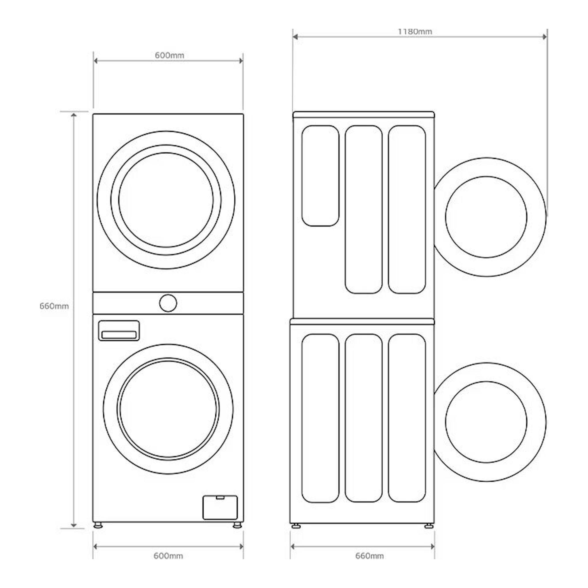 LG WT1210BBF: esquema frontal y lateral de torre de lavado, con medidas y dos tambores apilados.