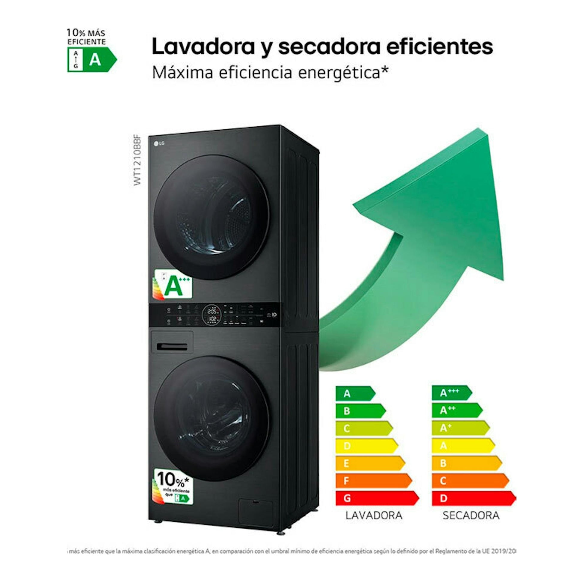 Torre de lavado LG WT1210BBF negro grafito, vista frontal, con lavadora y secadora apiladas.